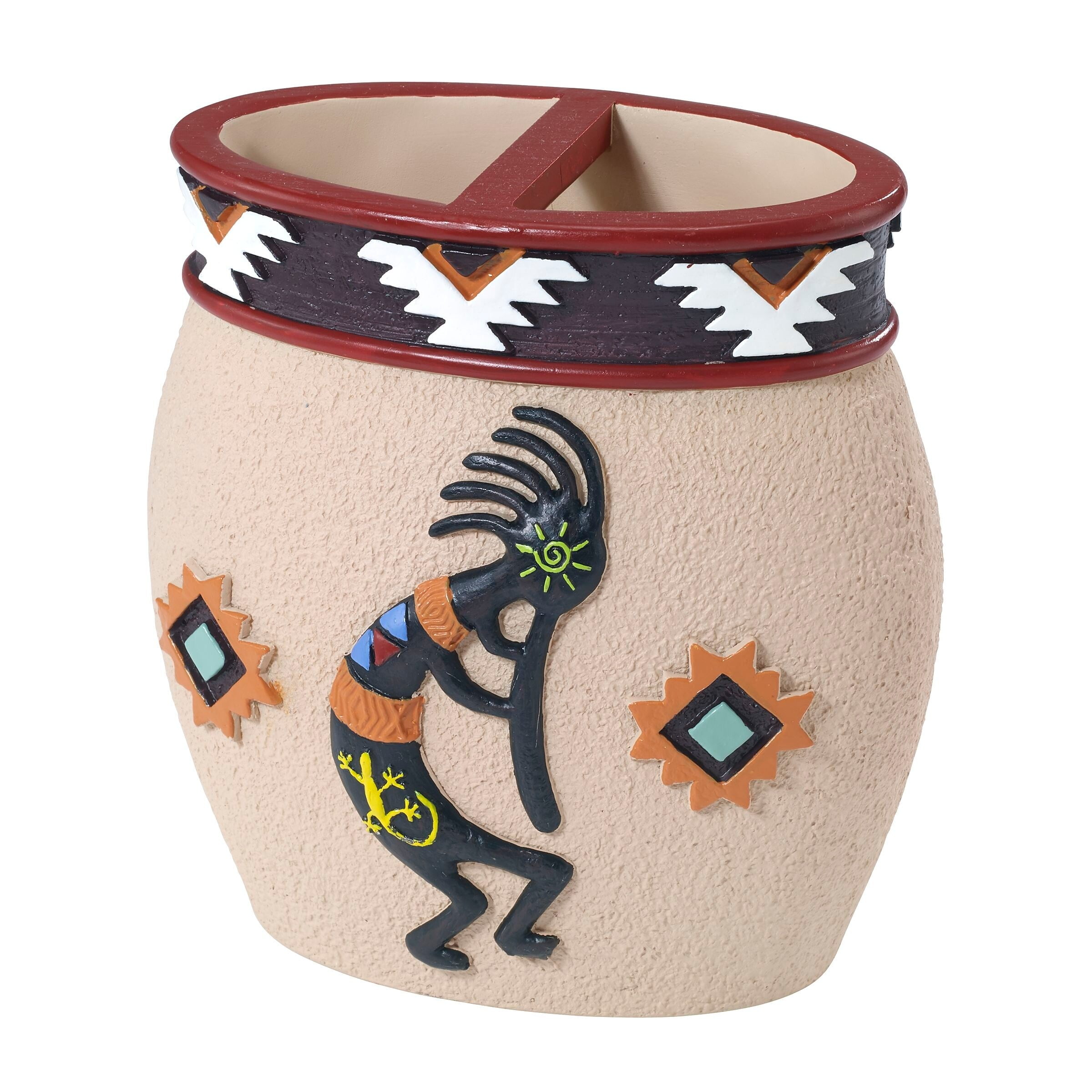 Beige Painted Resin Aztec Toothbrush Holder with Southwest Symbols