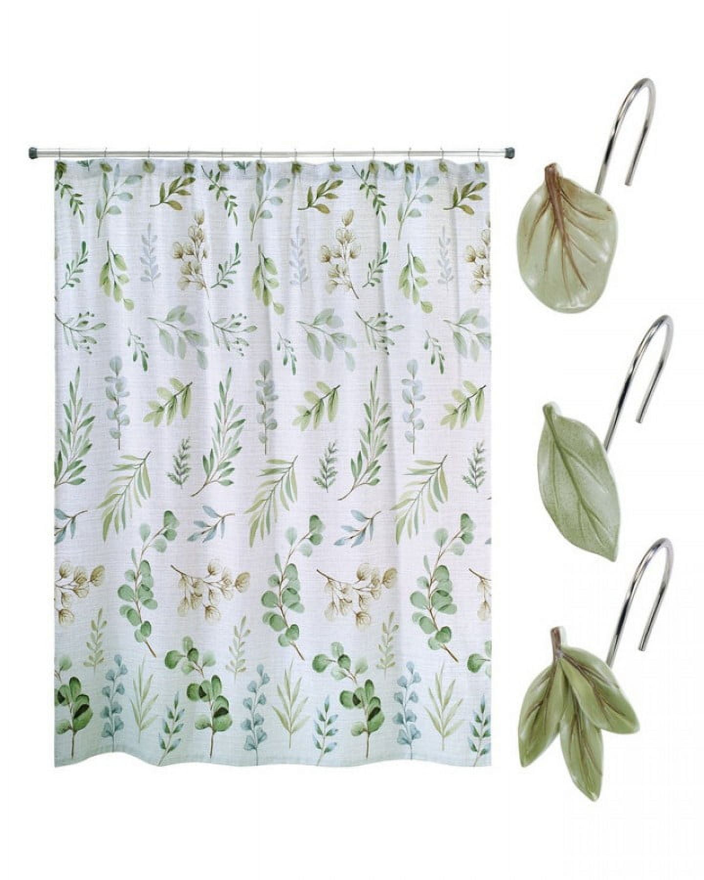 Ombre Leaves Botanical Fabric Shower Curtain Set with Hooks