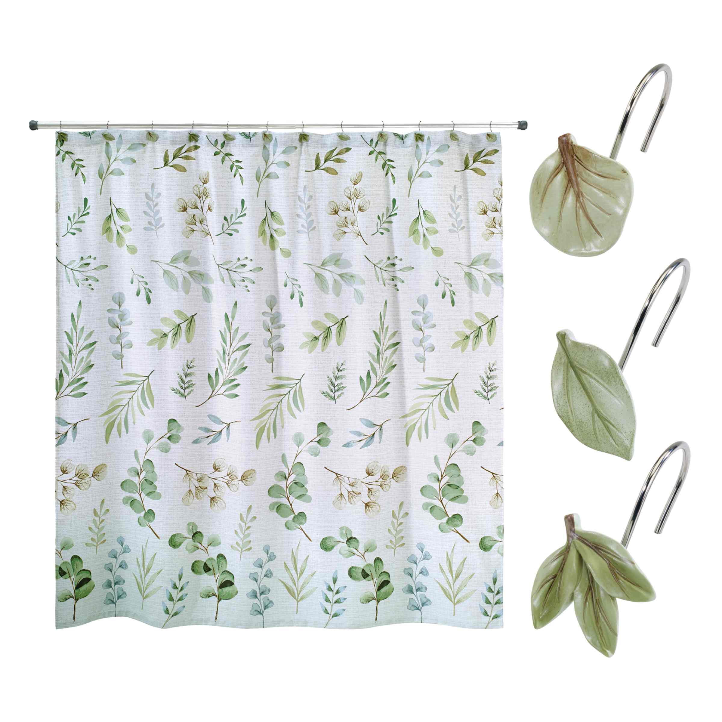 Ombre Leaves Botanical Fabric Shower Curtain Set with Hooks