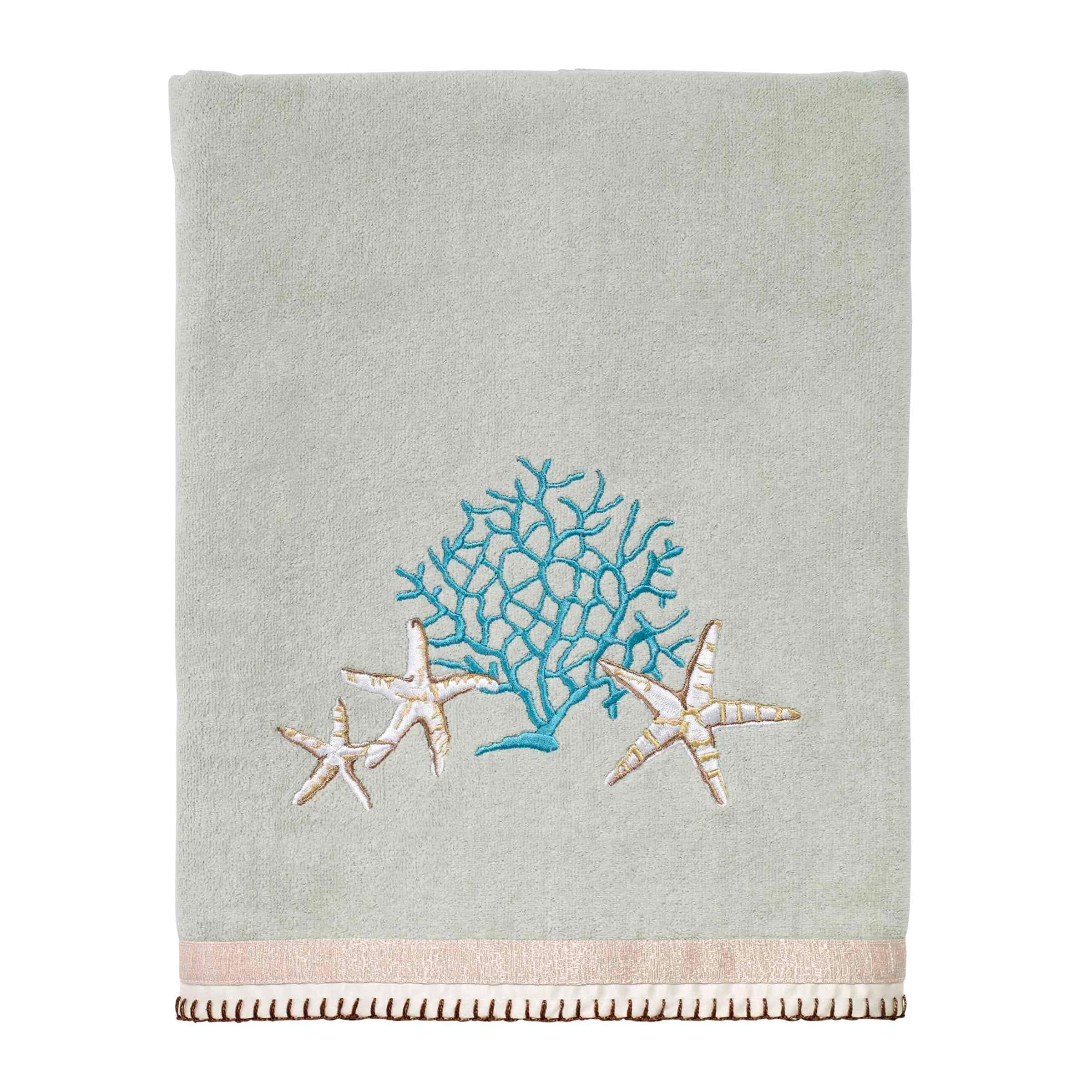 Seafoam Cotton Bath Towel with Starfish and Coral Embroidery