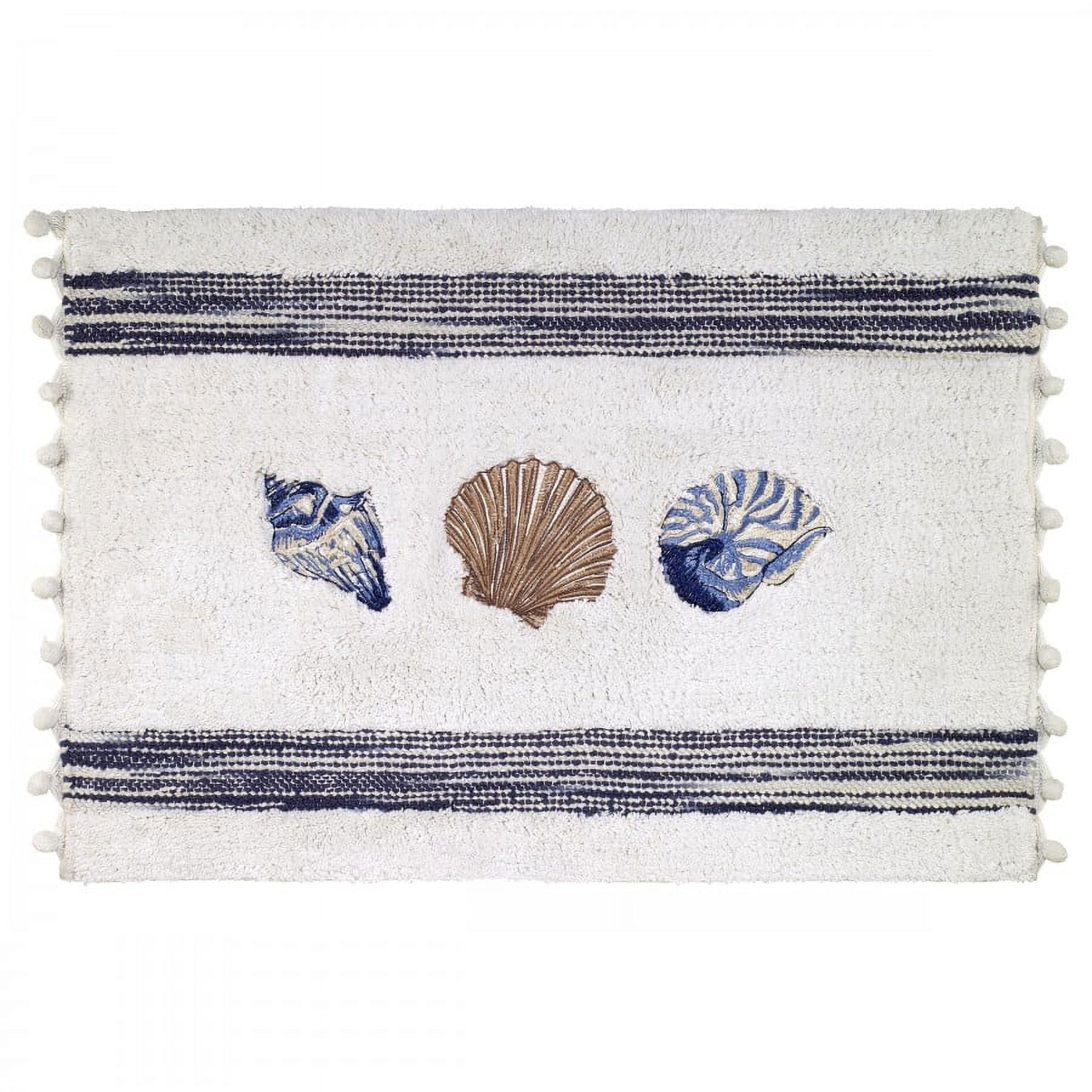 Blue and White Cotton Seashell Embroidered Bath Rug