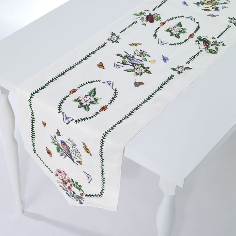 72" White and Green Cotton-Polyester Table Runner with Bird Print