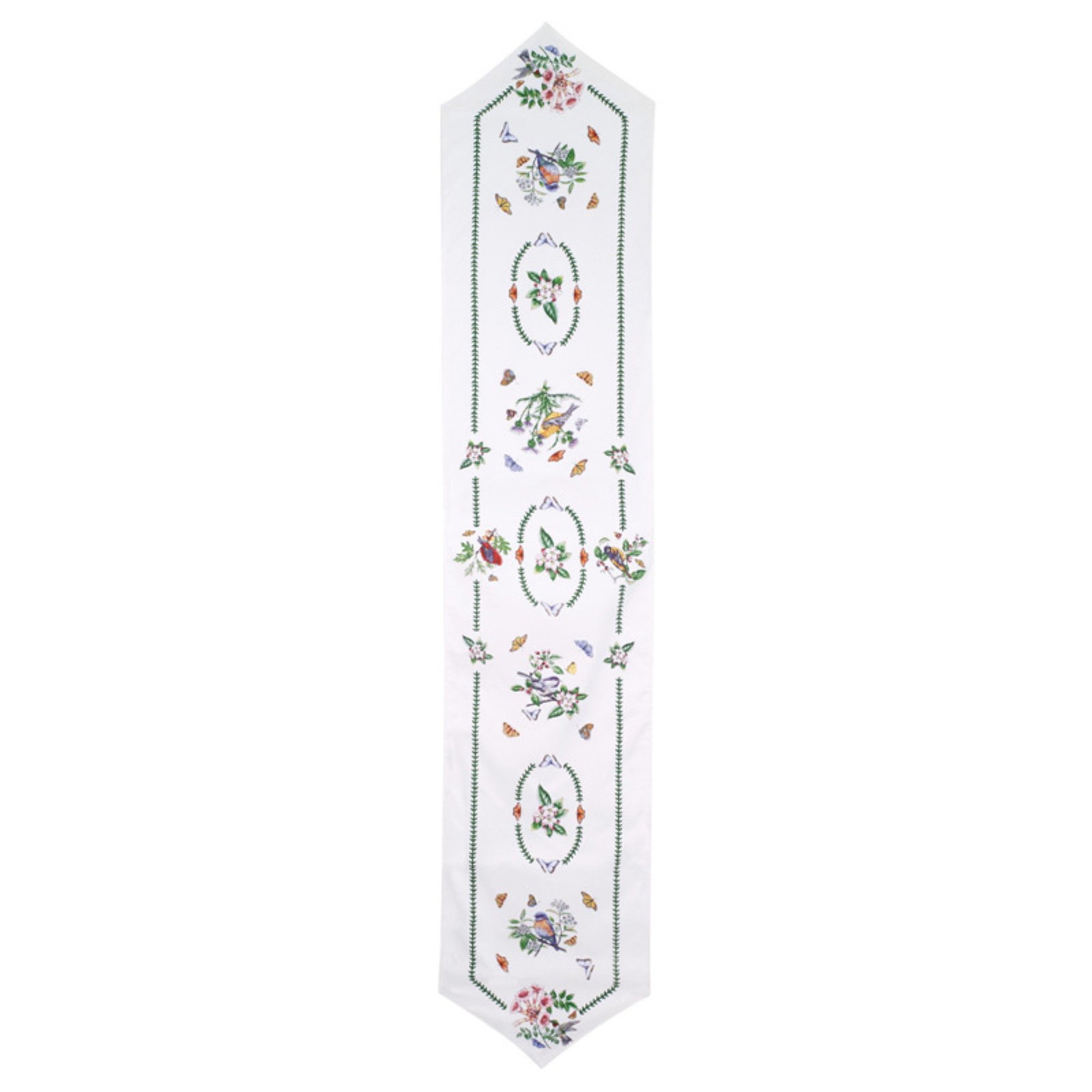 72" White and Green Cotton-Polyester Table Runner with Bird Print