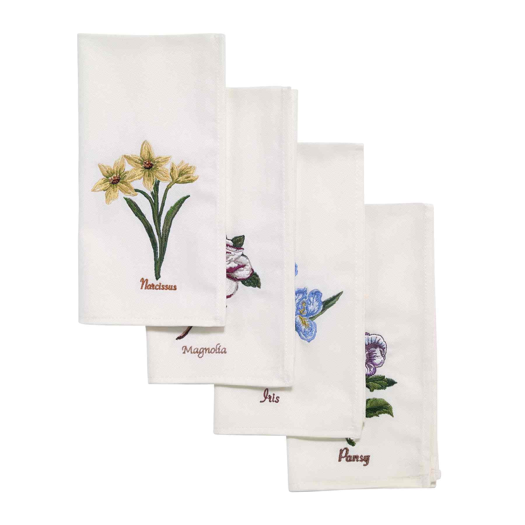 Ivory Floral Embroidered Cotton-Polyester Napkin Set of 4