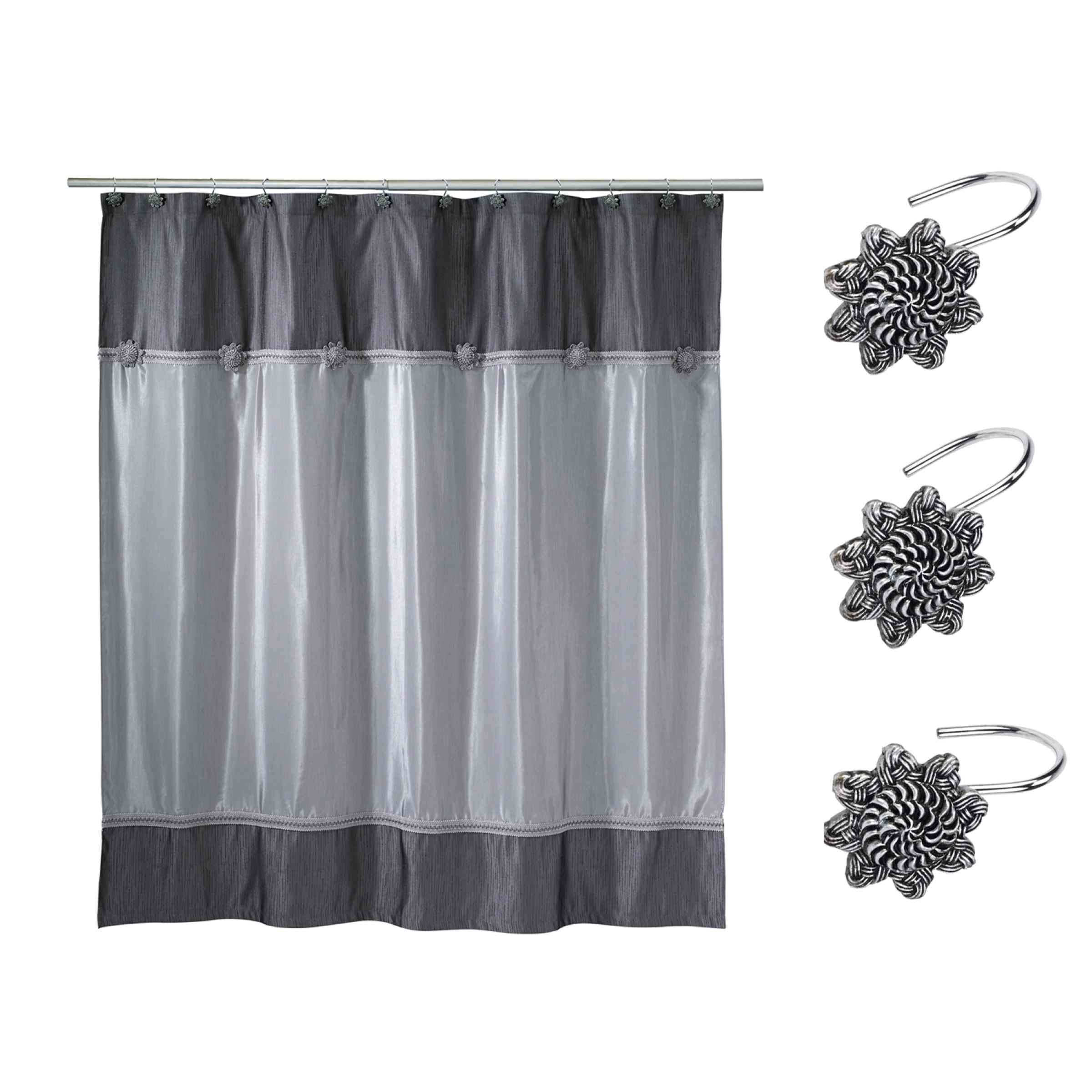 Granite Medallion Fabric Shower Curtain with Silver Hooks Set