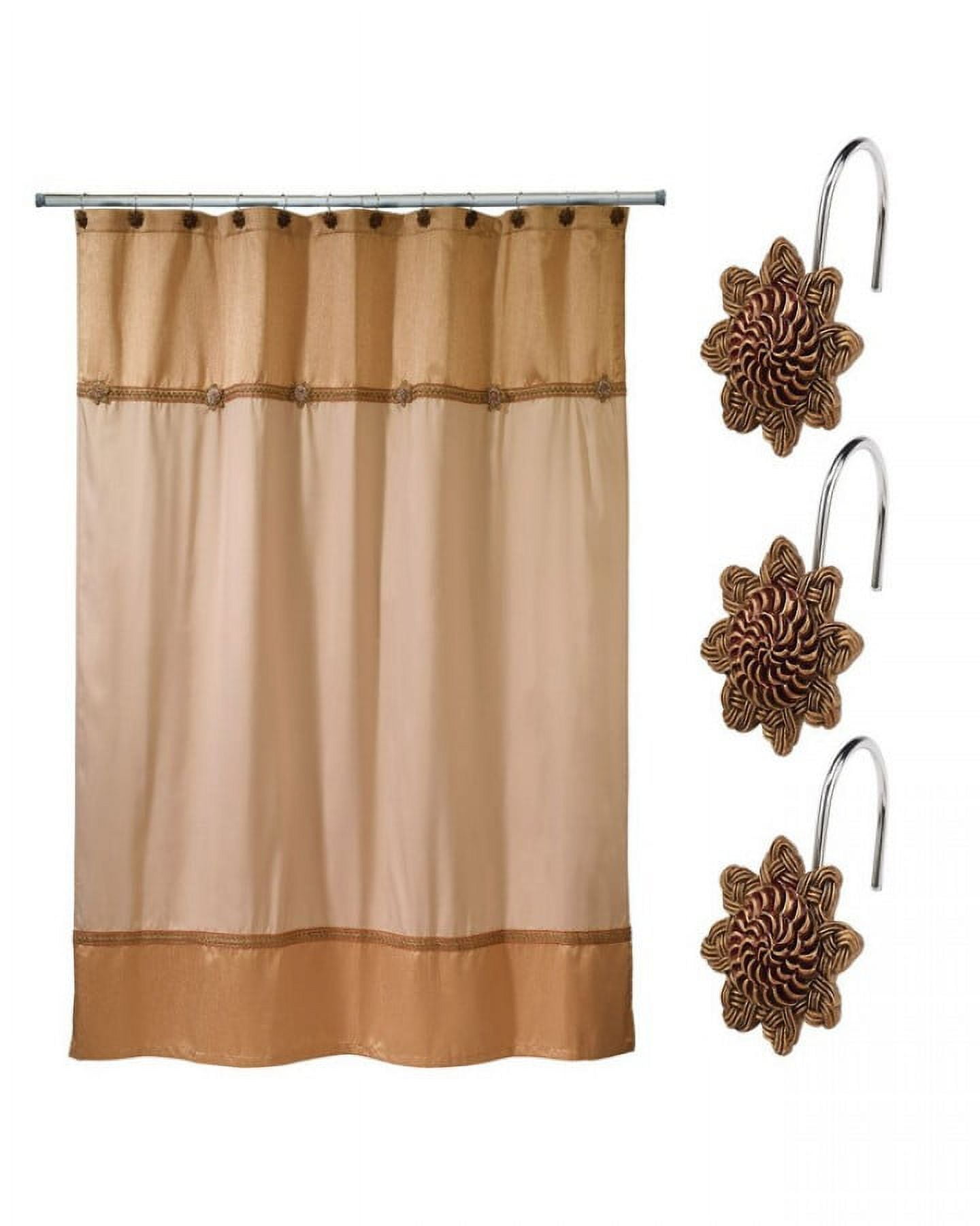 Gold and Beige Fabric Shower Curtain with Resin Hooks Set