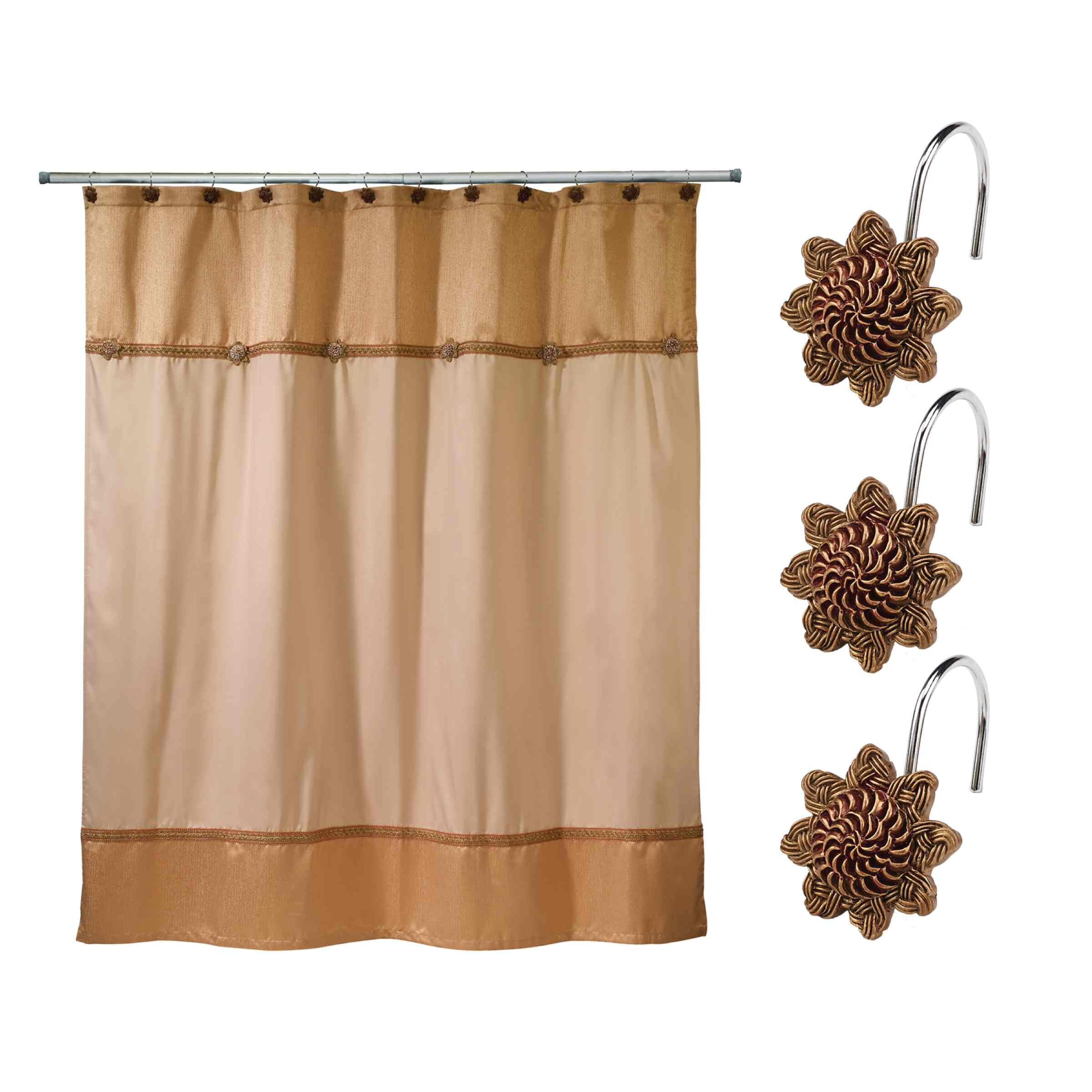 Gold and Beige Fabric Shower Curtain with Resin Hooks Set