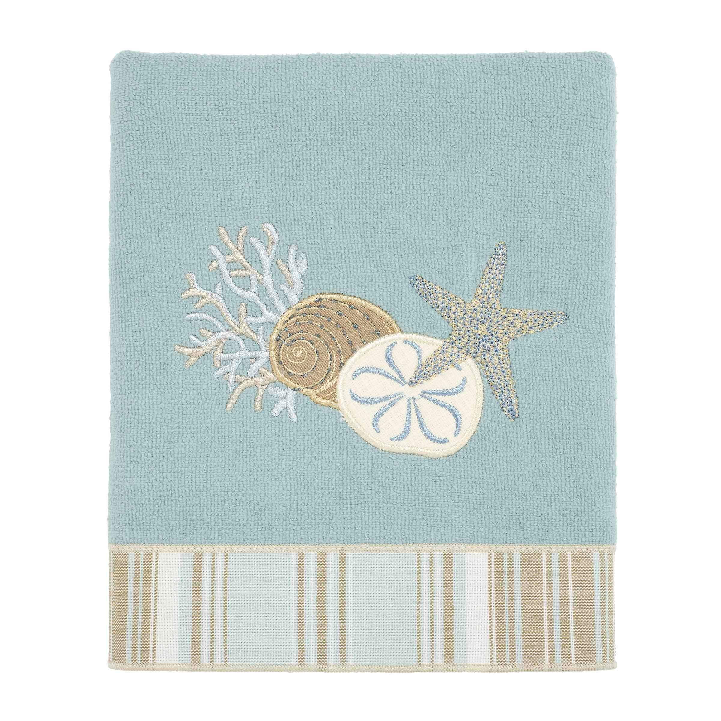 Mineral Blue Cotton Hand Towel with Sea Embroidery