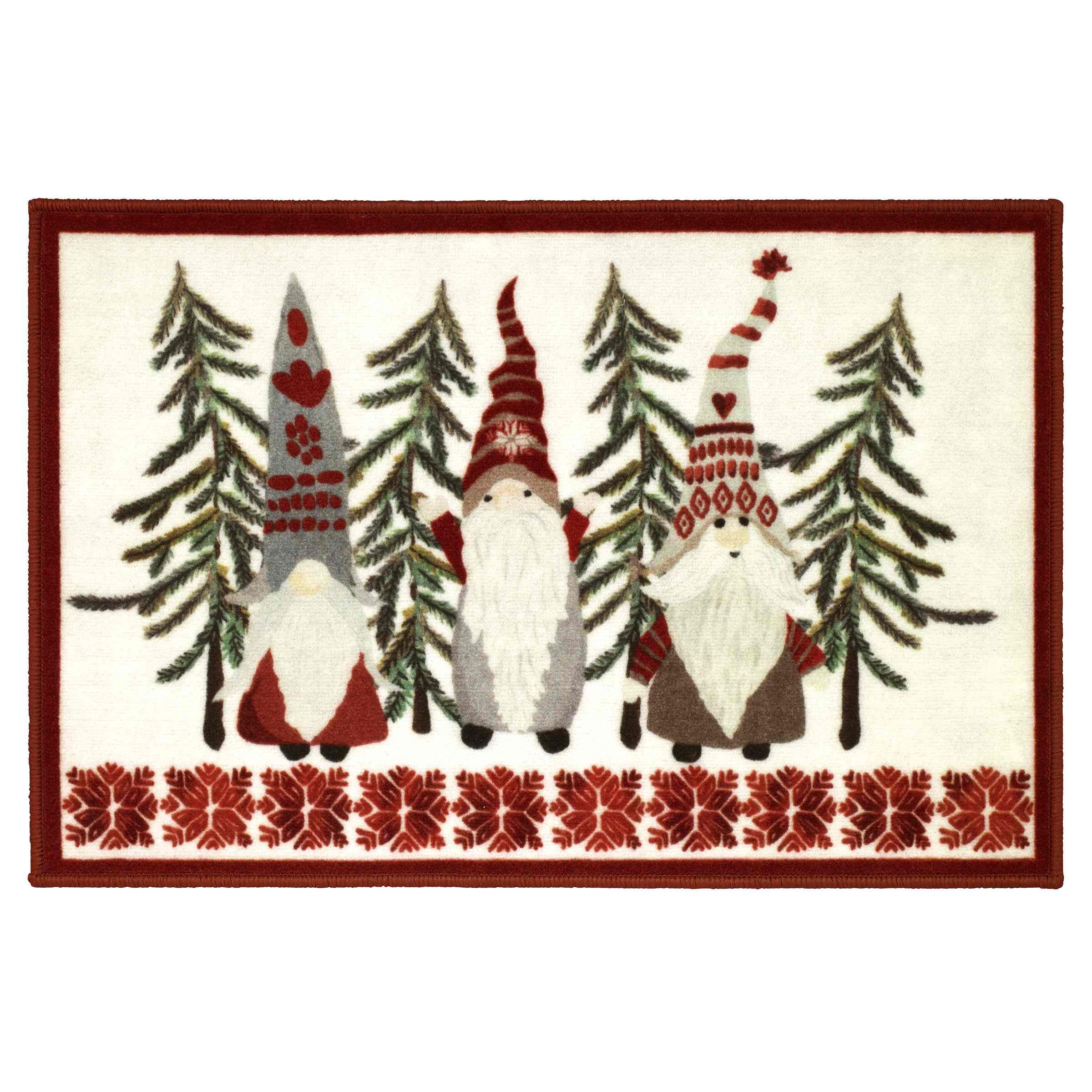 Festive Christmas Gnomes Polyester Rug with Red Border