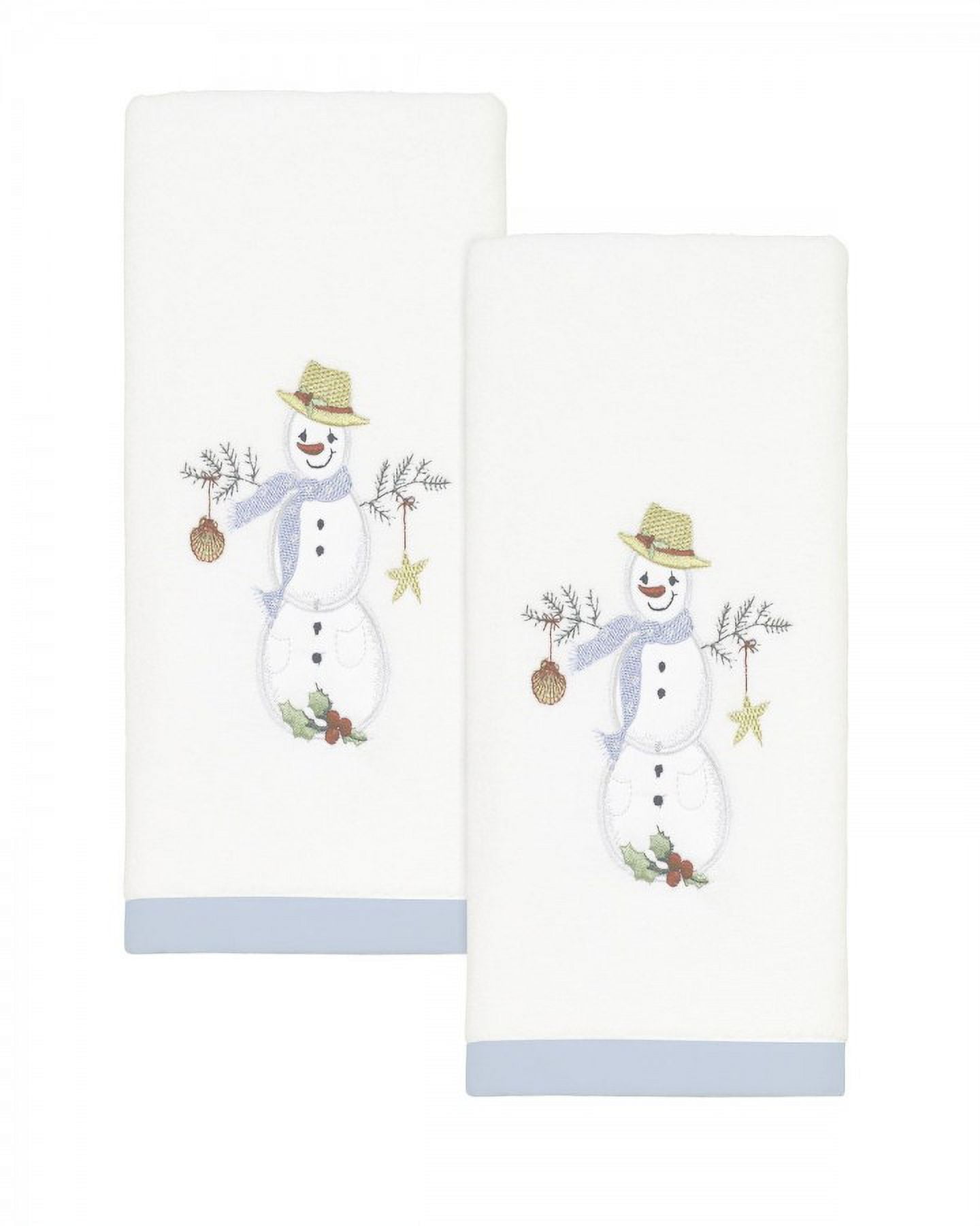 Coastal Snowman Embroidered White Cotton Fingertip Towels, Set of 2