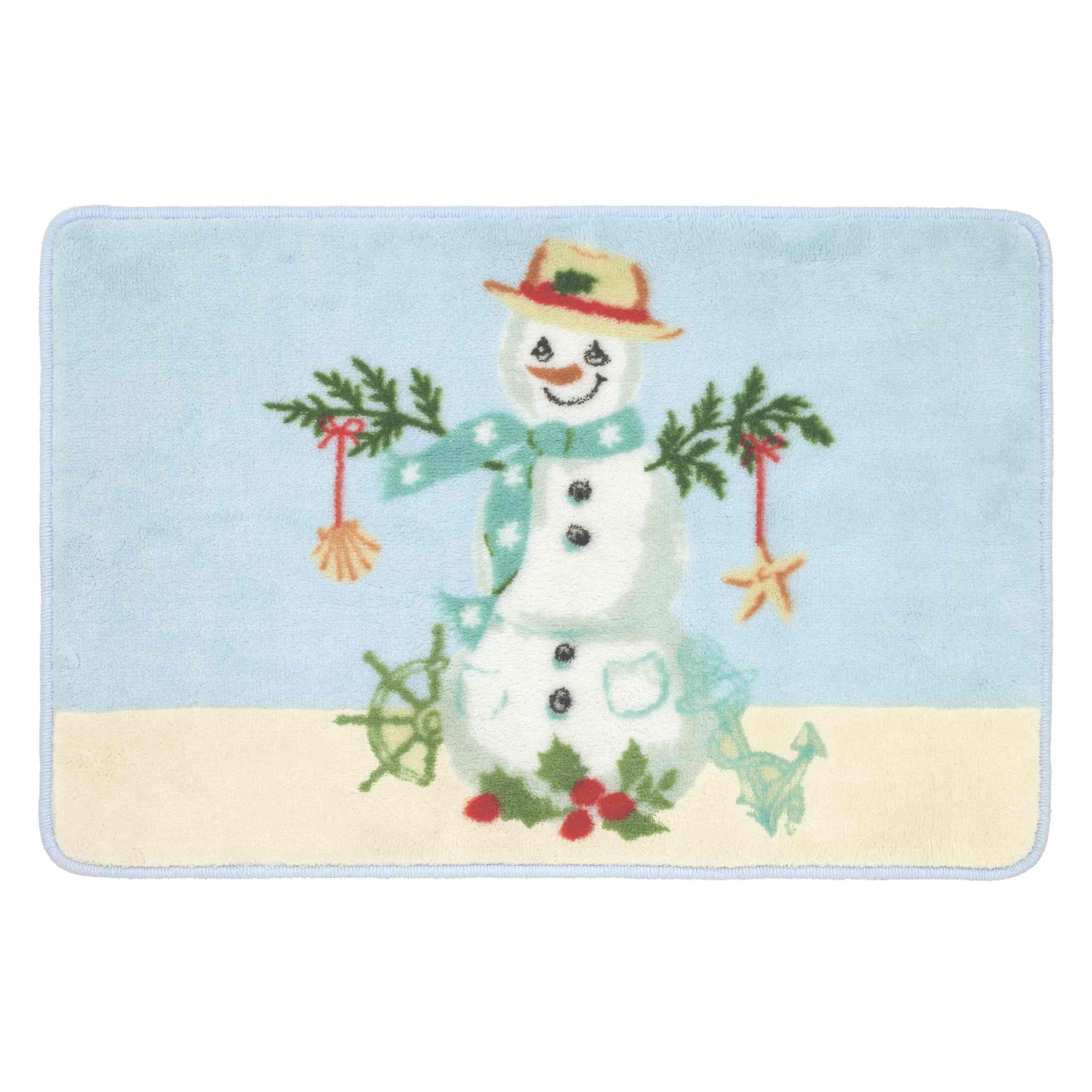 Coastal Snowman Blue and Beige Cotton Bath Rug