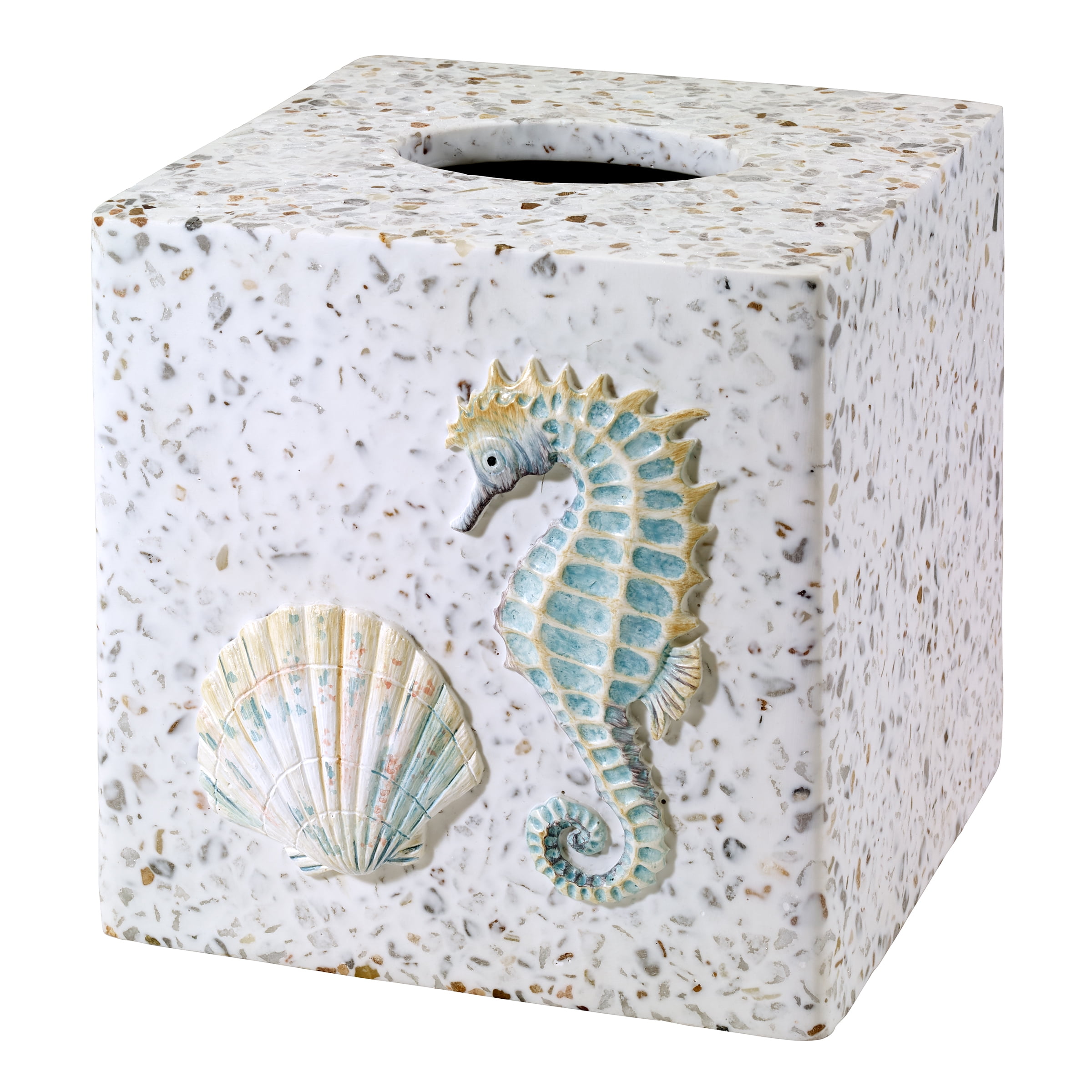 Coastal Terrazzo Resin Tissue Box Cover with Seahorse Design