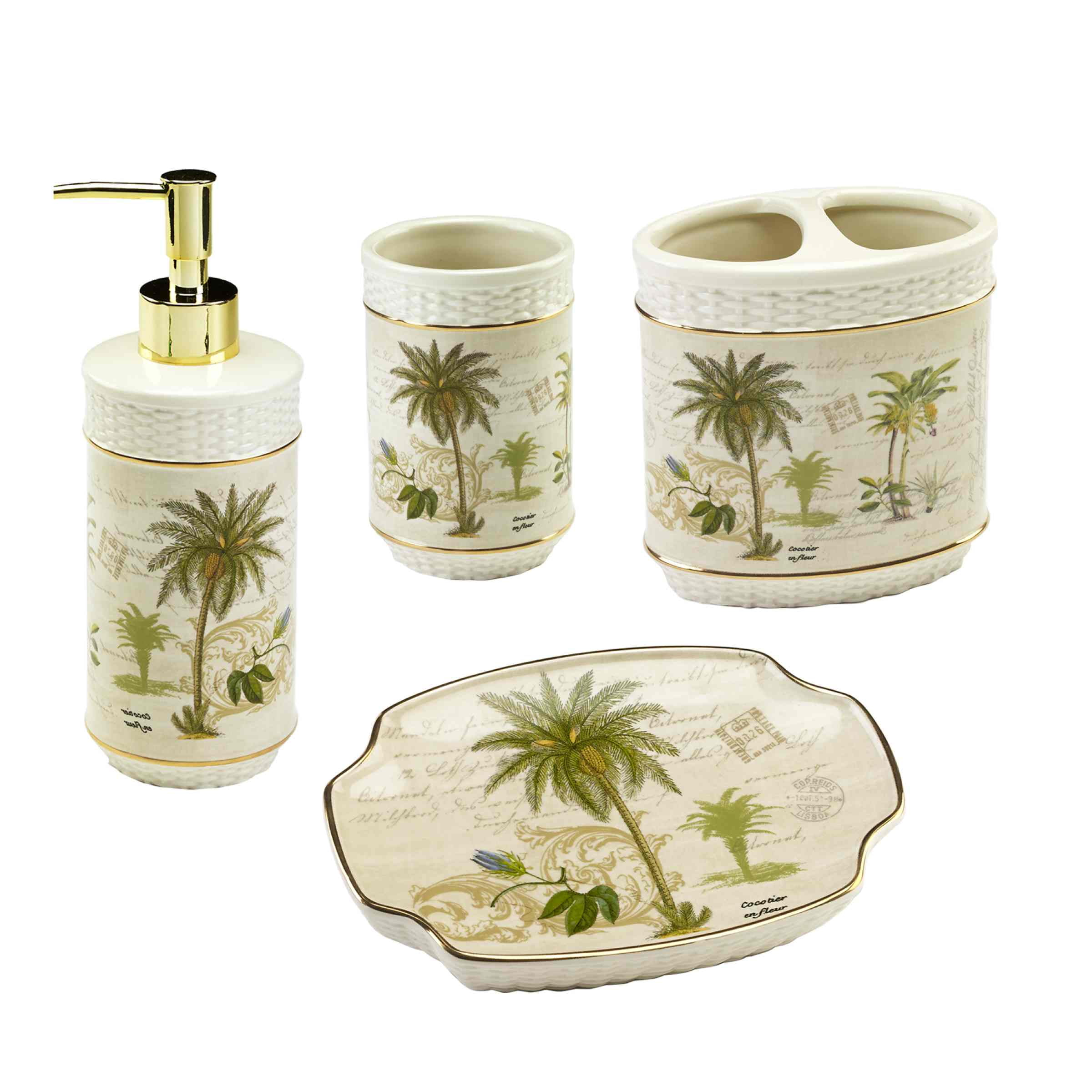 Ivory Ceramic Palm Tree 4-Piece Bath Accessory Set