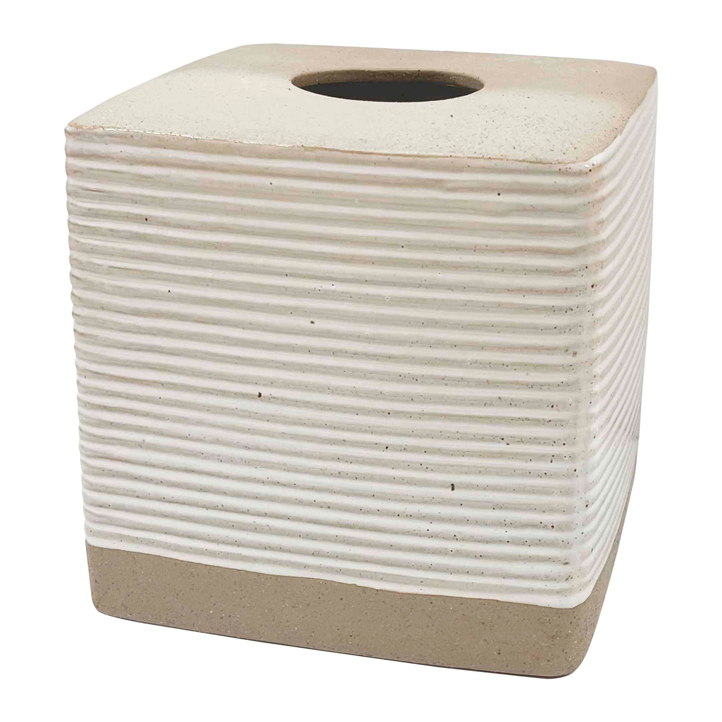 Textured White and Linen Ceramic Tissue Box Cover