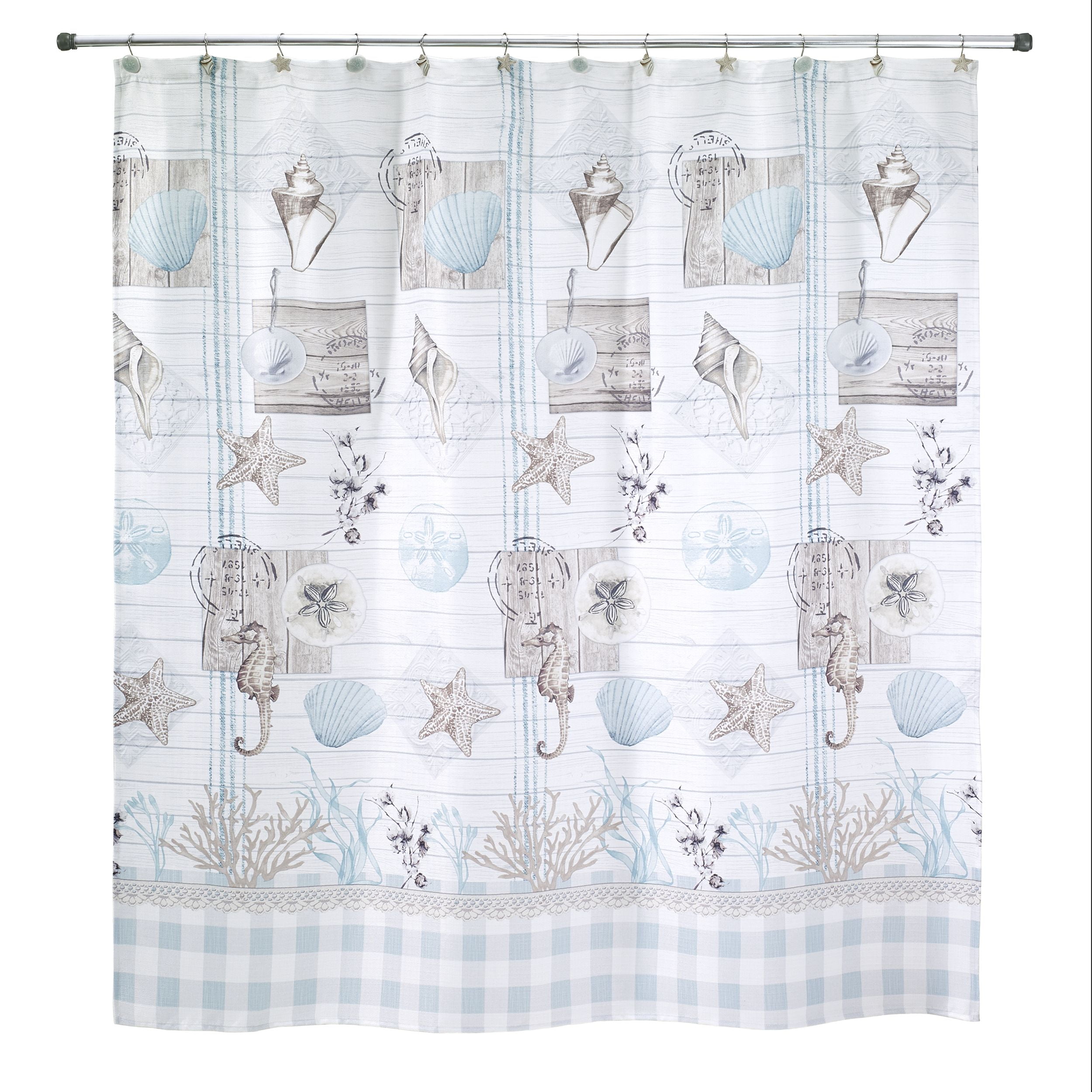 Farmhouse Shell 72" x 72" Off-White and Aqua Fabric Shower Curtain