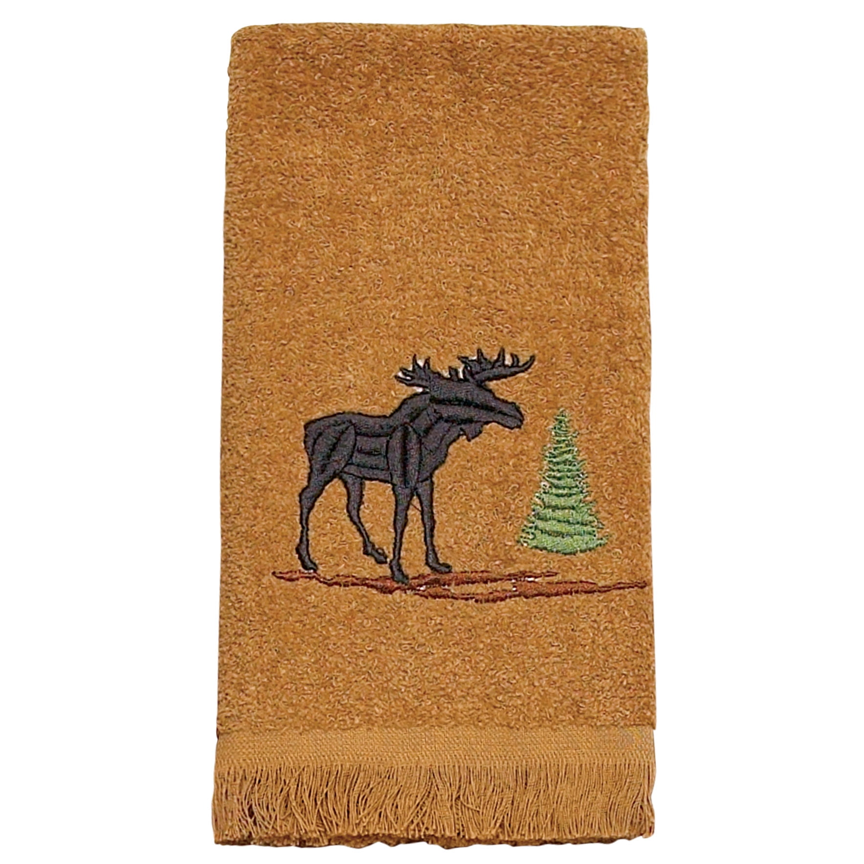 Nutmeg Cotton Embroidered Moose and Pine Tree Fingertip Towel