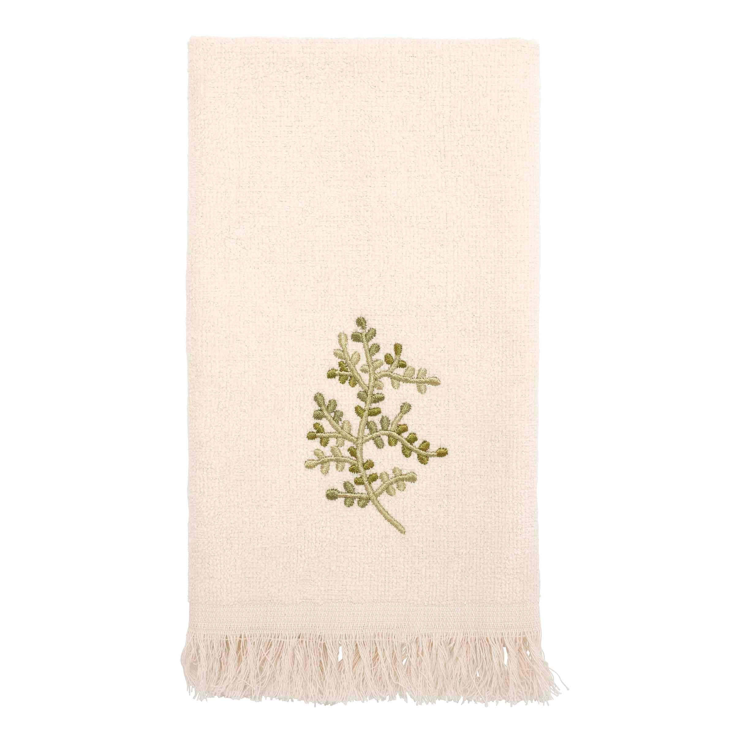 Ivory Cotton Hand Towel with Green Botanical Embroidery