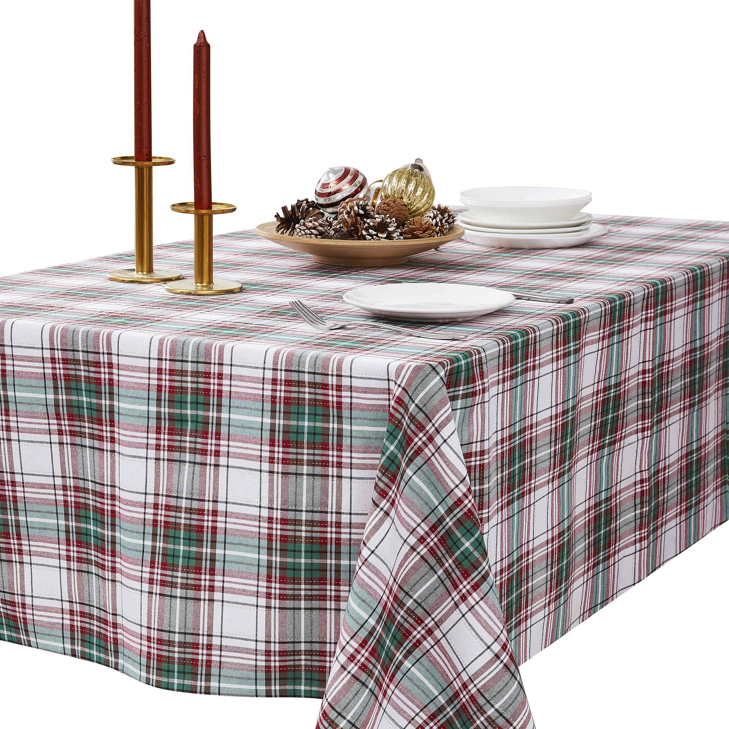 Classic Red and Green Plaid Fabric Christmas Tablecloth with Gold Detailing