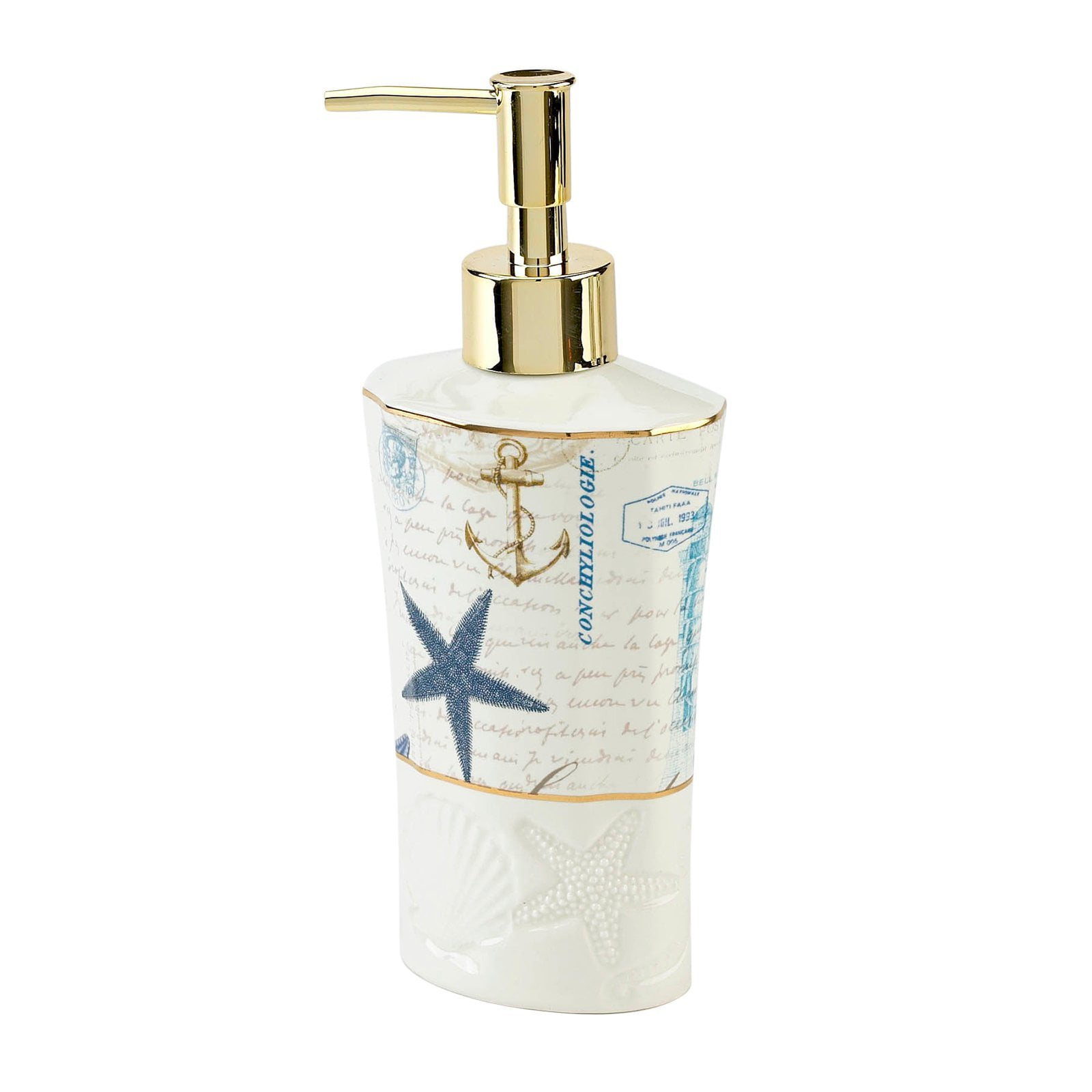 Antigua Nautical Ceramic Soap and Lotion Dispenser with Gold Accents