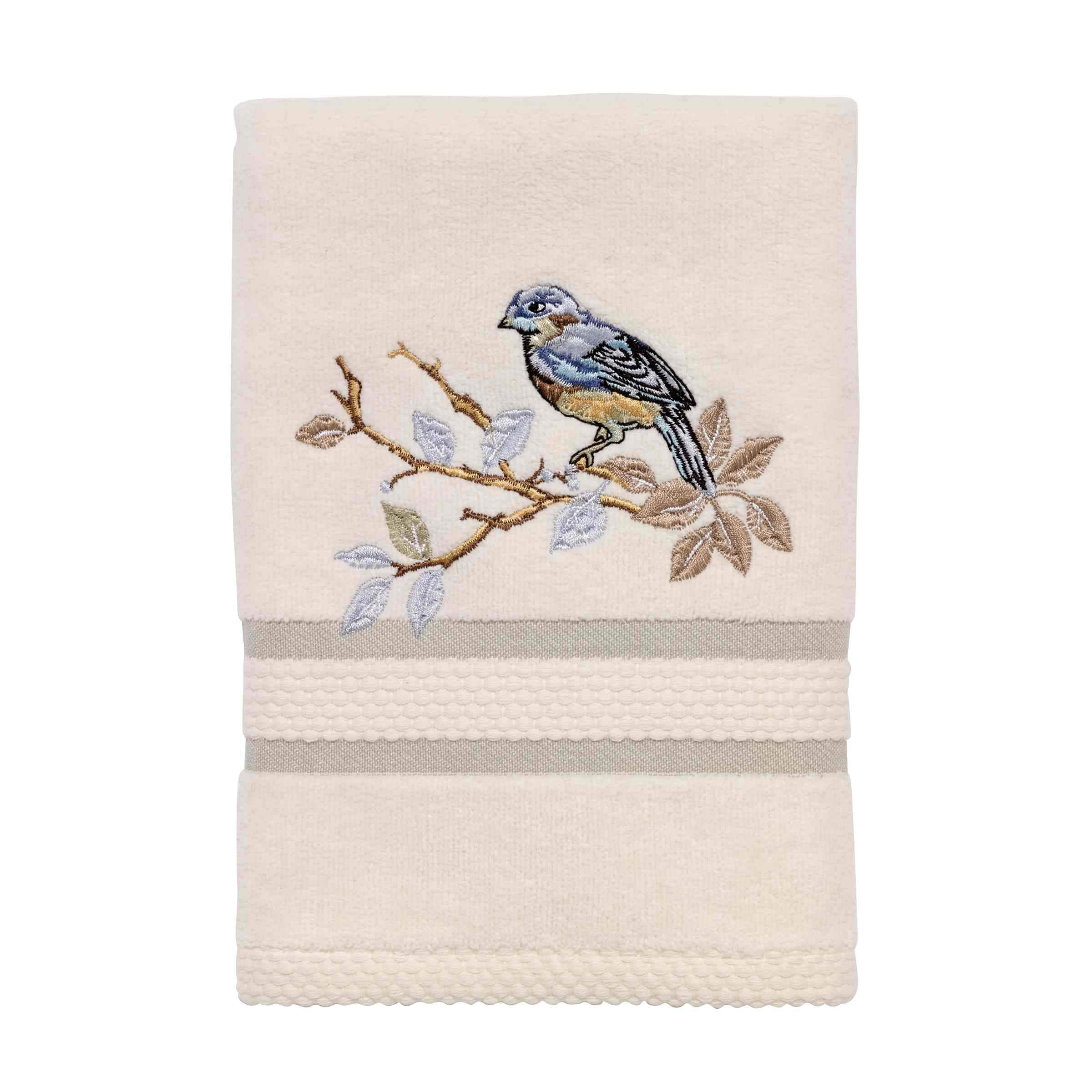Ivory Cotton Hand Towel with Embroidered Bluebird