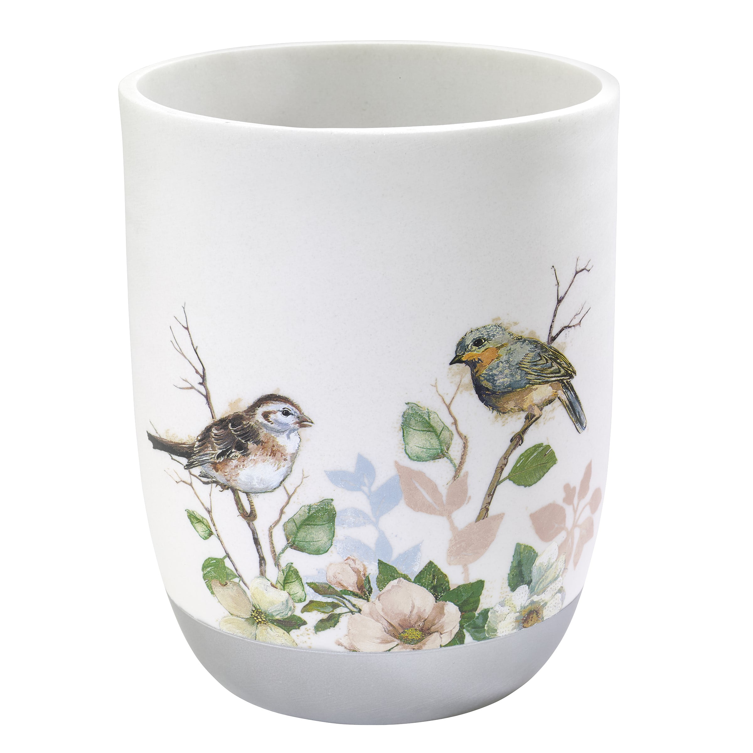 Ivory and Silver Resin Wastebasket with Bird Design
