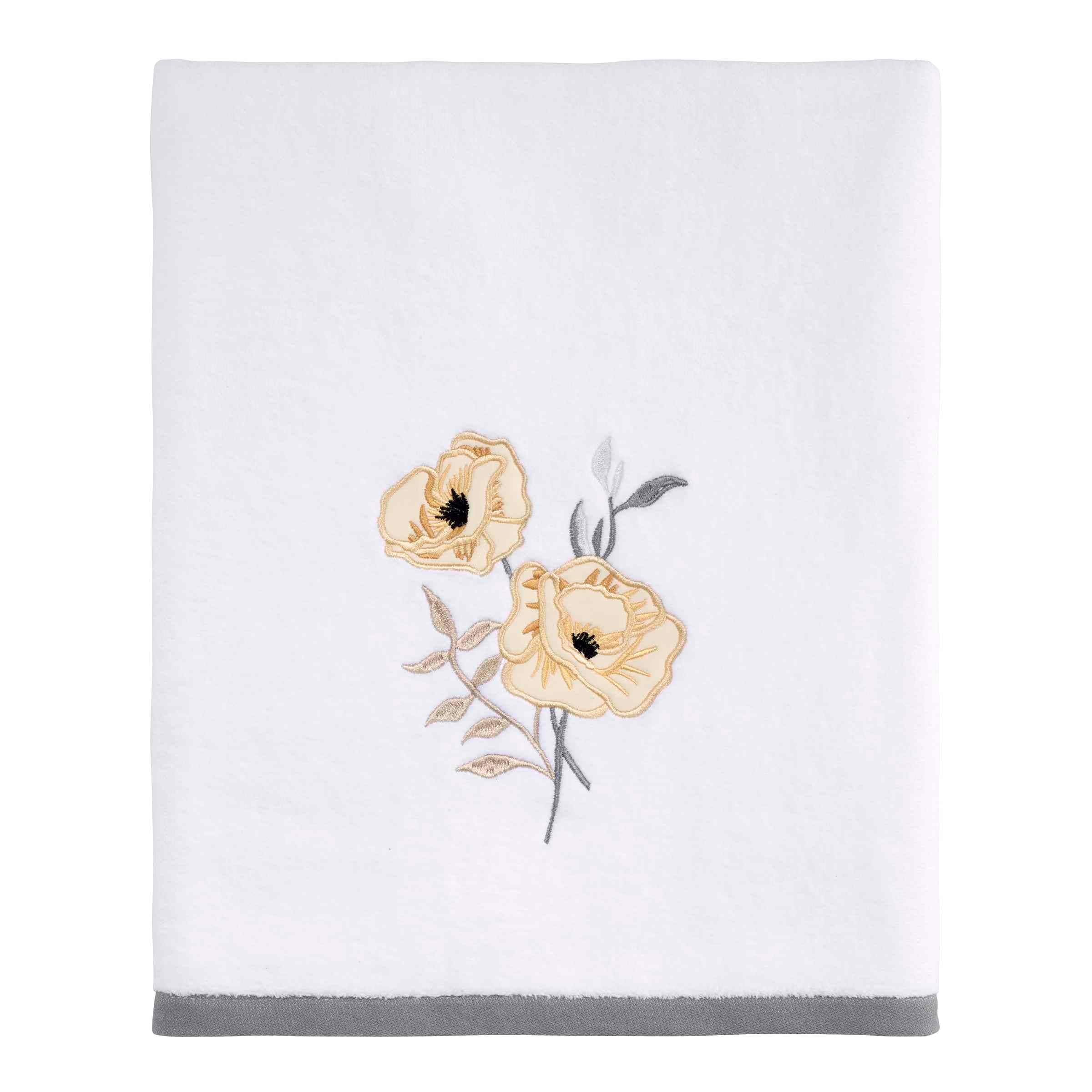 White Cotton Bath Towel with Yellow Floral Embroidery