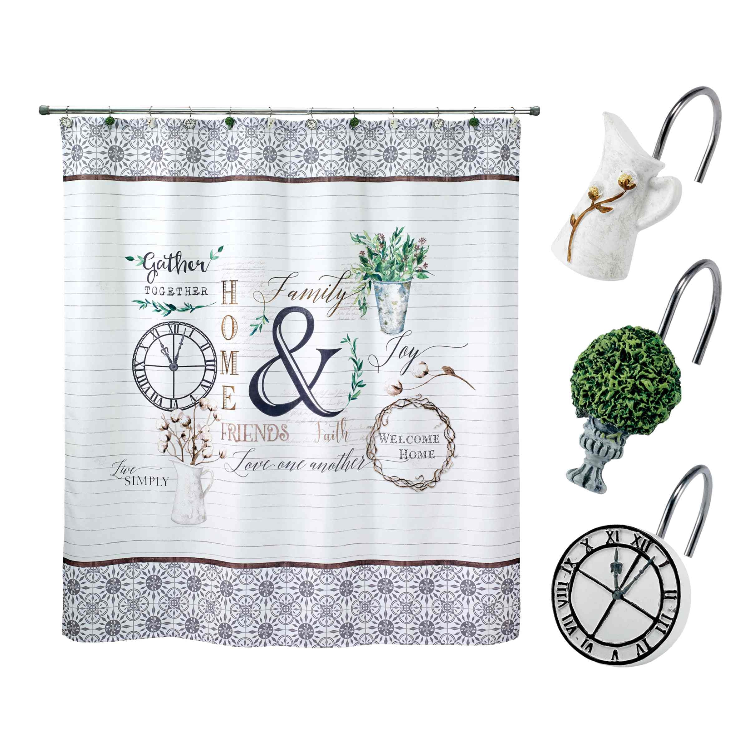 Farmhouse White and Gray Polyester Shower Curtain with Hooks Set