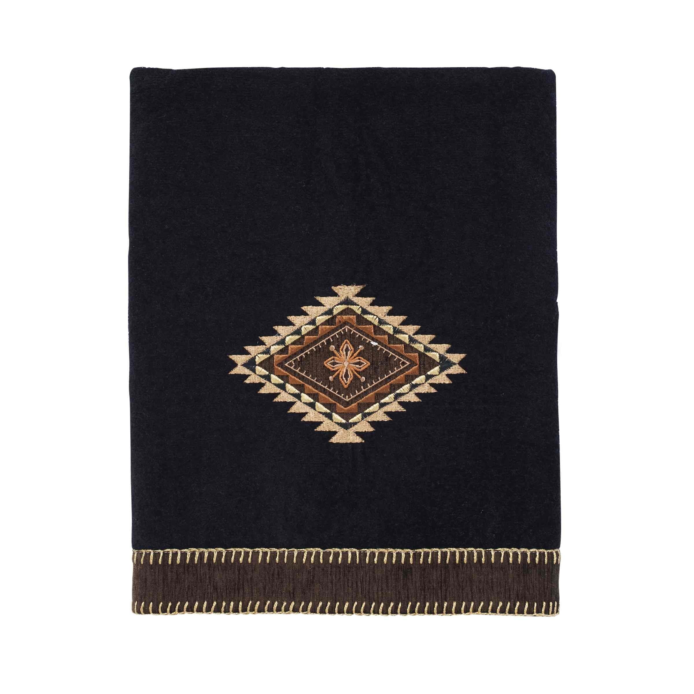 Black Cotton Aztec Embroidered Bath Towel with Fringe