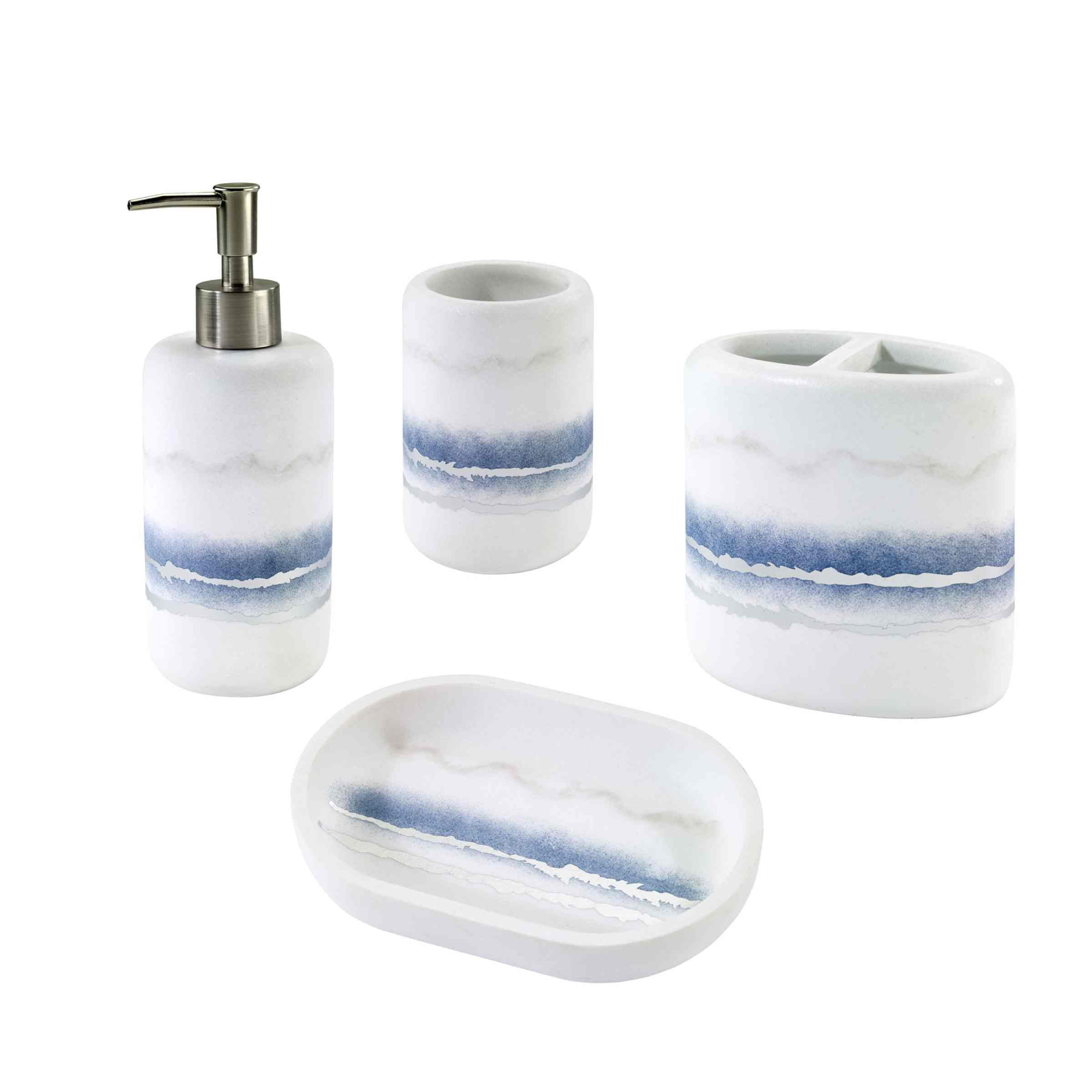 Murano Marble-Inspired White and Blue Resin Bath Accessory Set