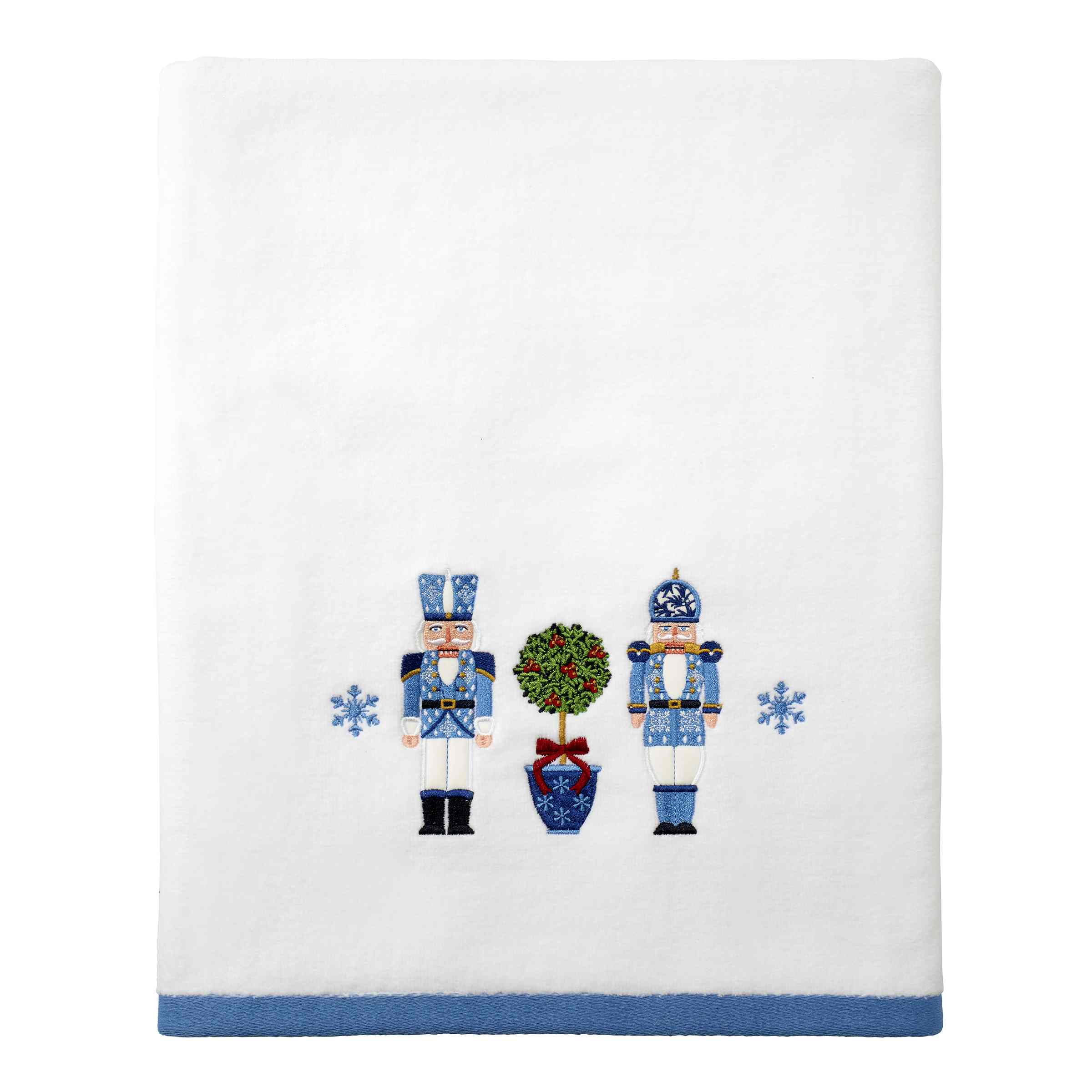 White and Blue Cotton Christmas Nutcracker Bath Towel Set