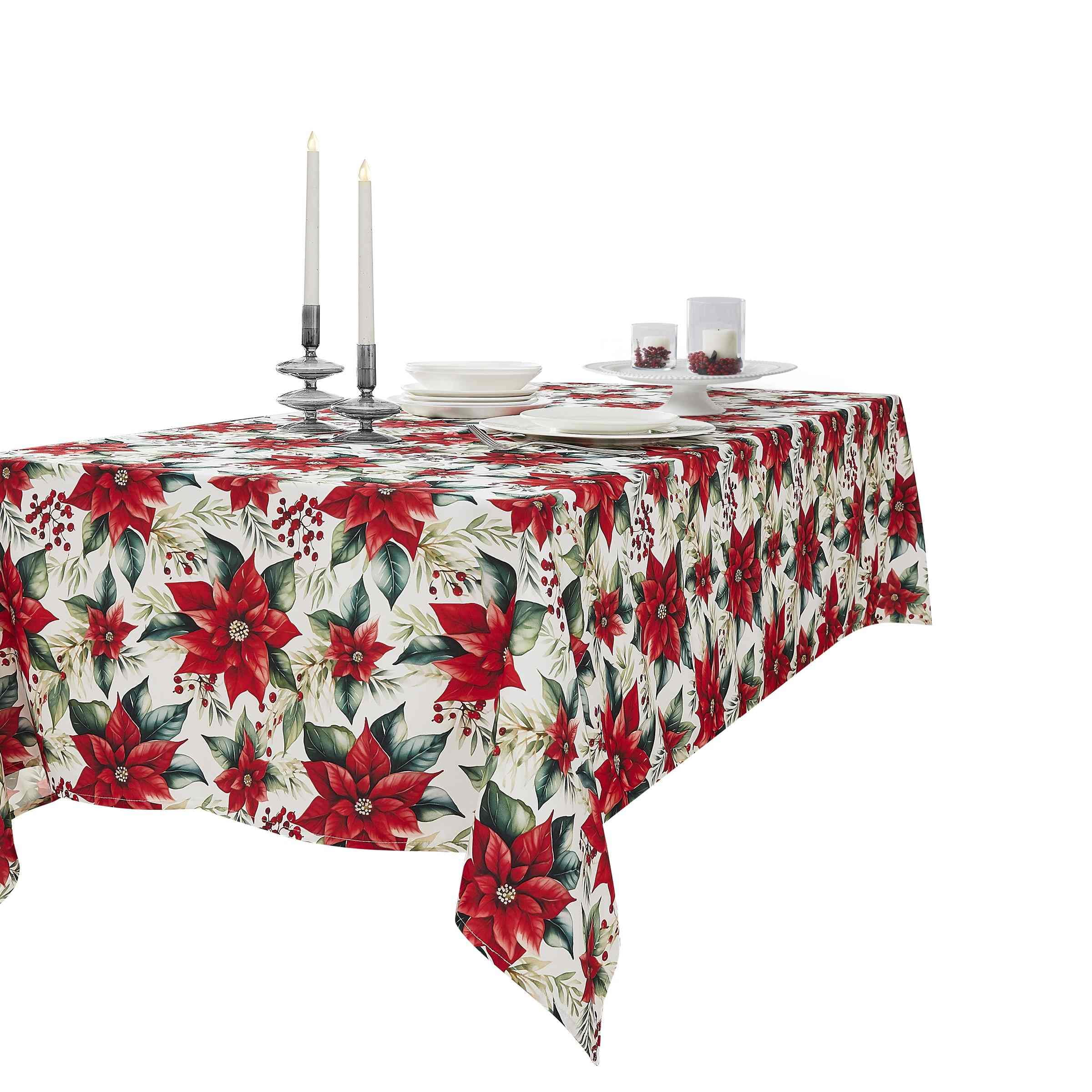 Holiday Poinsettia Red and Green Polyester Tablecloth 52" x 70"