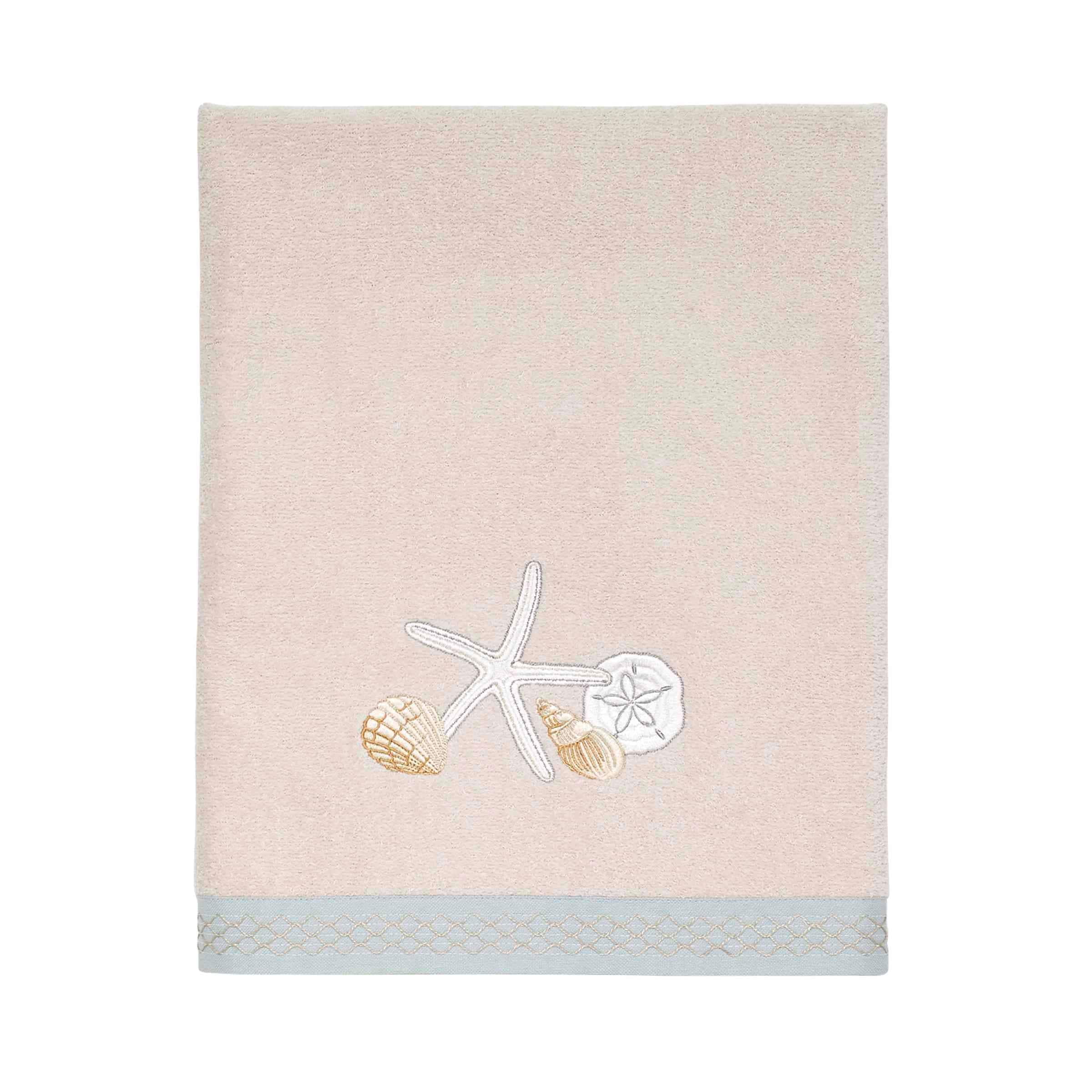Beige Cotton Bath Towel with Embroidered Seashells and Starfish