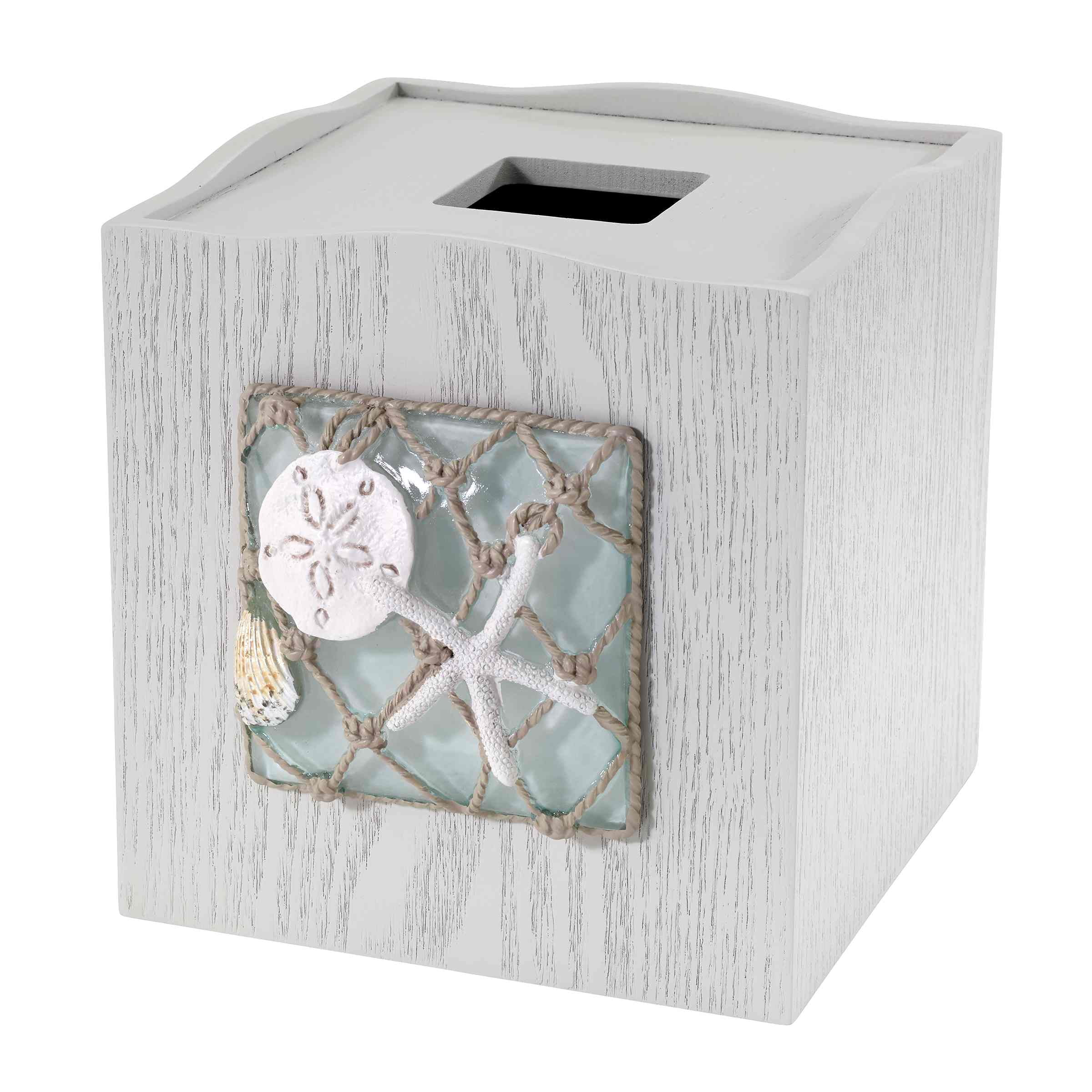 Whitewashed Wood Nautical Tissue Box Cover with Resin Insert