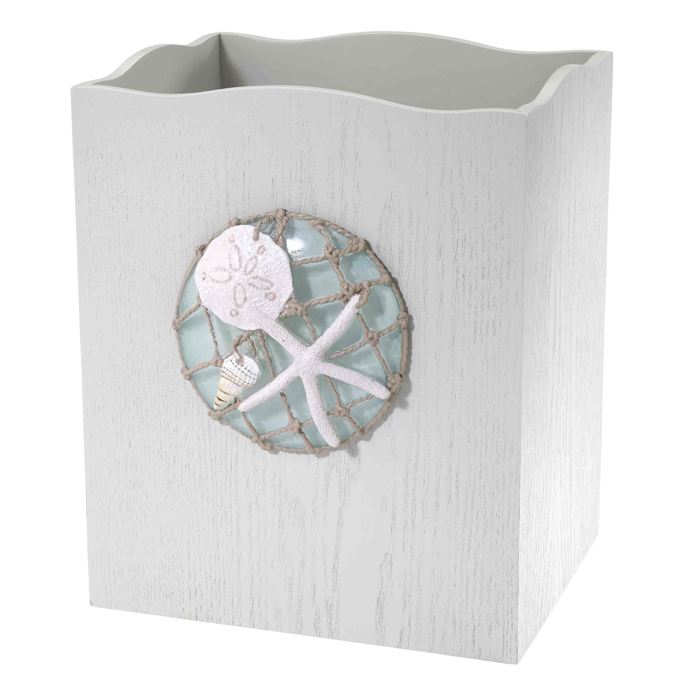 Whitewashed Resin Nautical Waste Basket with Shell Decoration