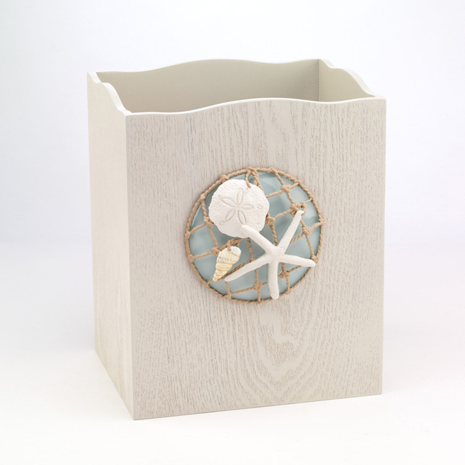 Whitewashed Resin Nautical Waste Basket with Shell Decoration