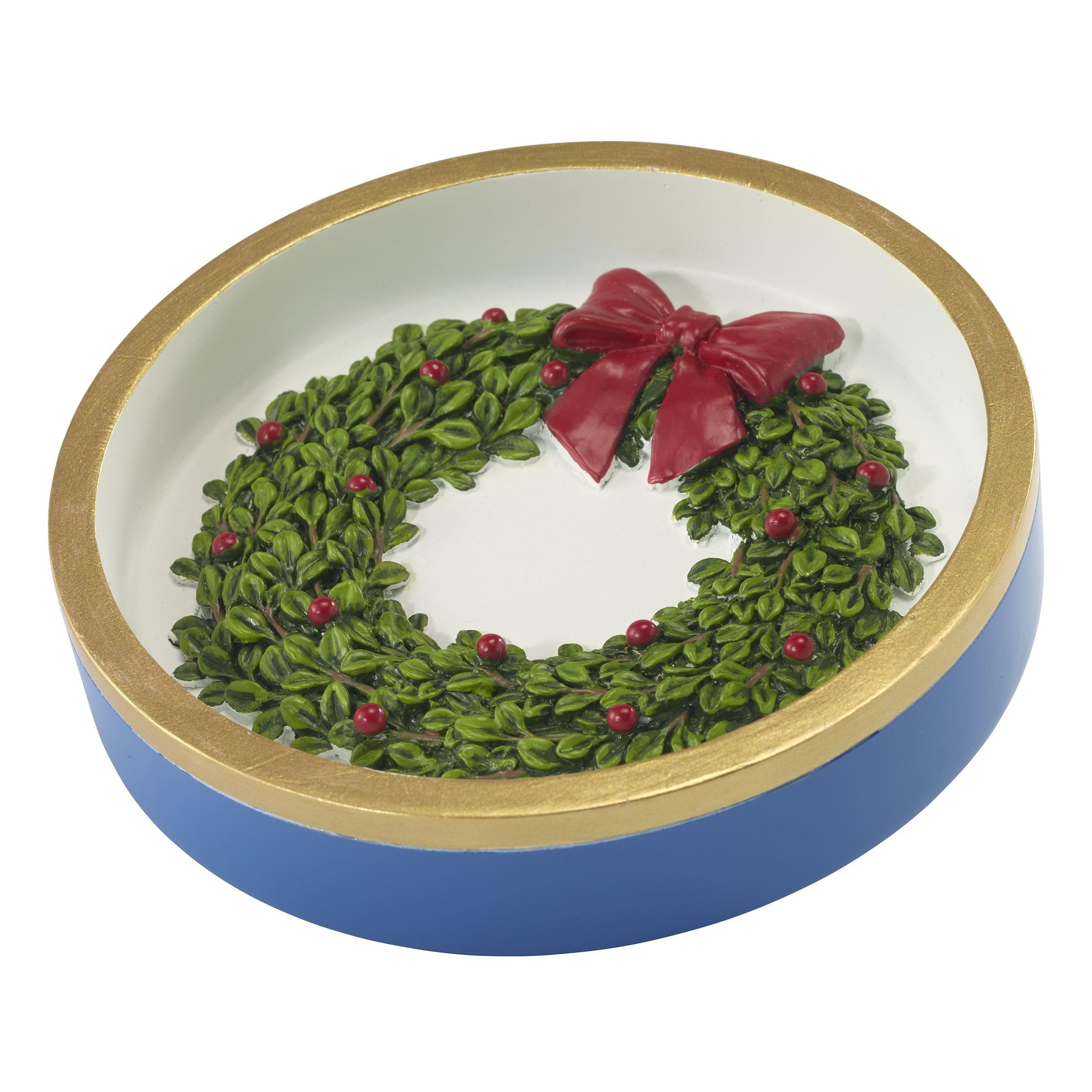 Holiday Wreath Red Bow Blue Rim Resin Soap Dish