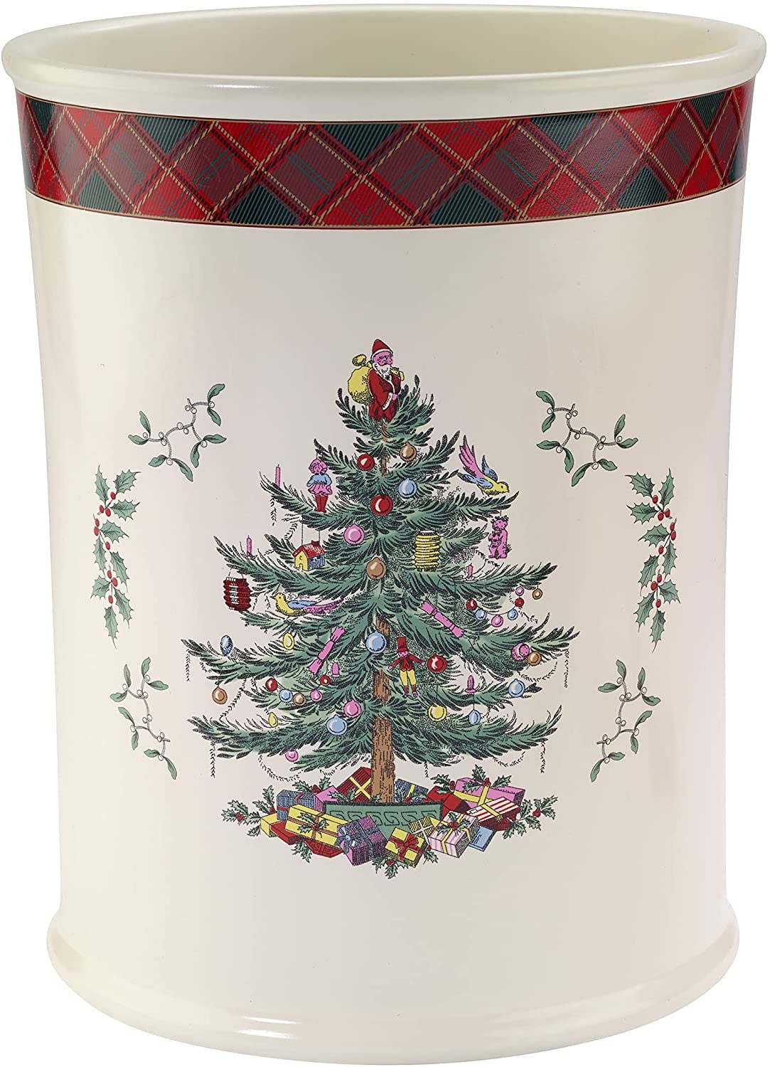 Ivory and Red Christmas Tree Tartan Wastebasket