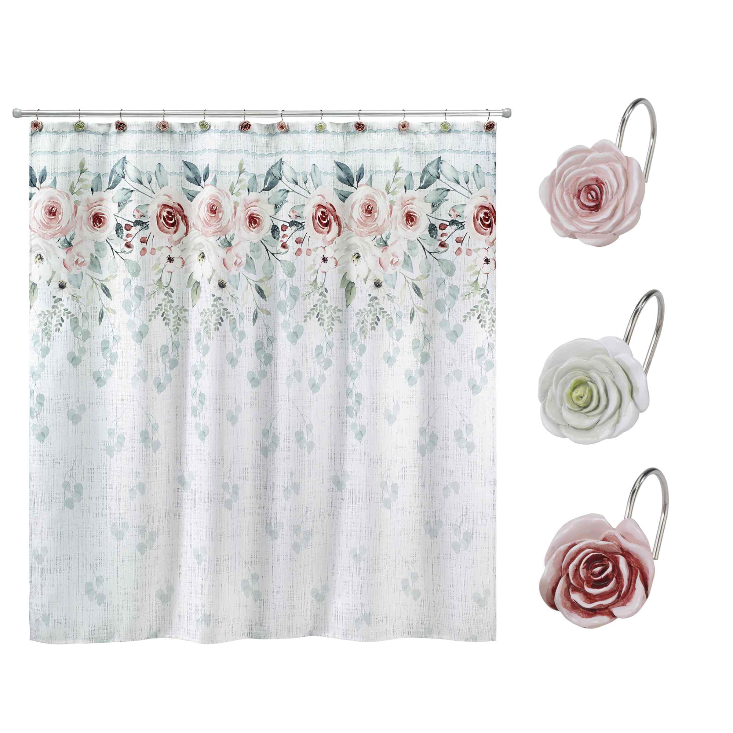 Floral Peony and Vine Polyester Shower Curtain Set