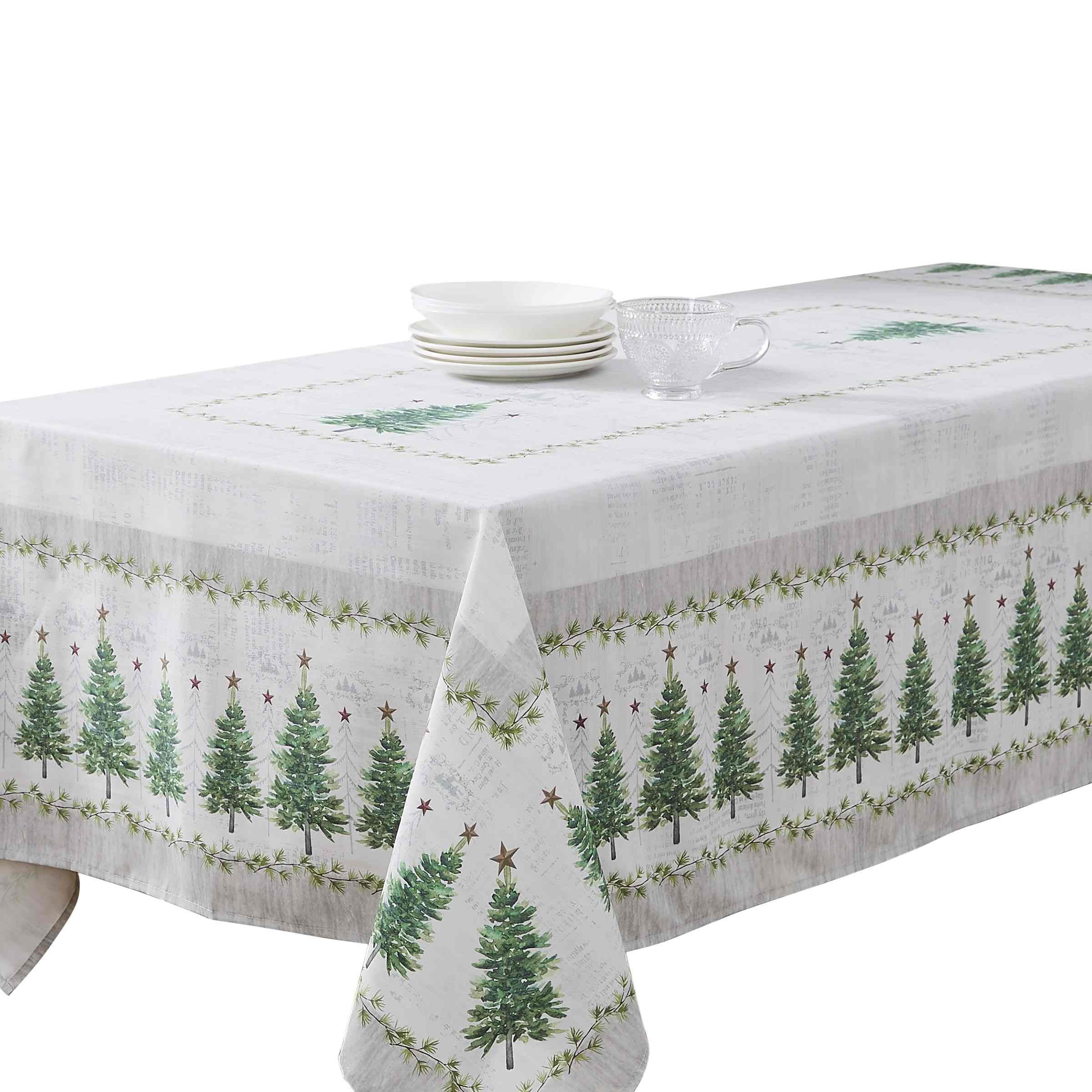 Festive Green Pine Trees Polyester Holiday Tablecloth, 60" x 120"
