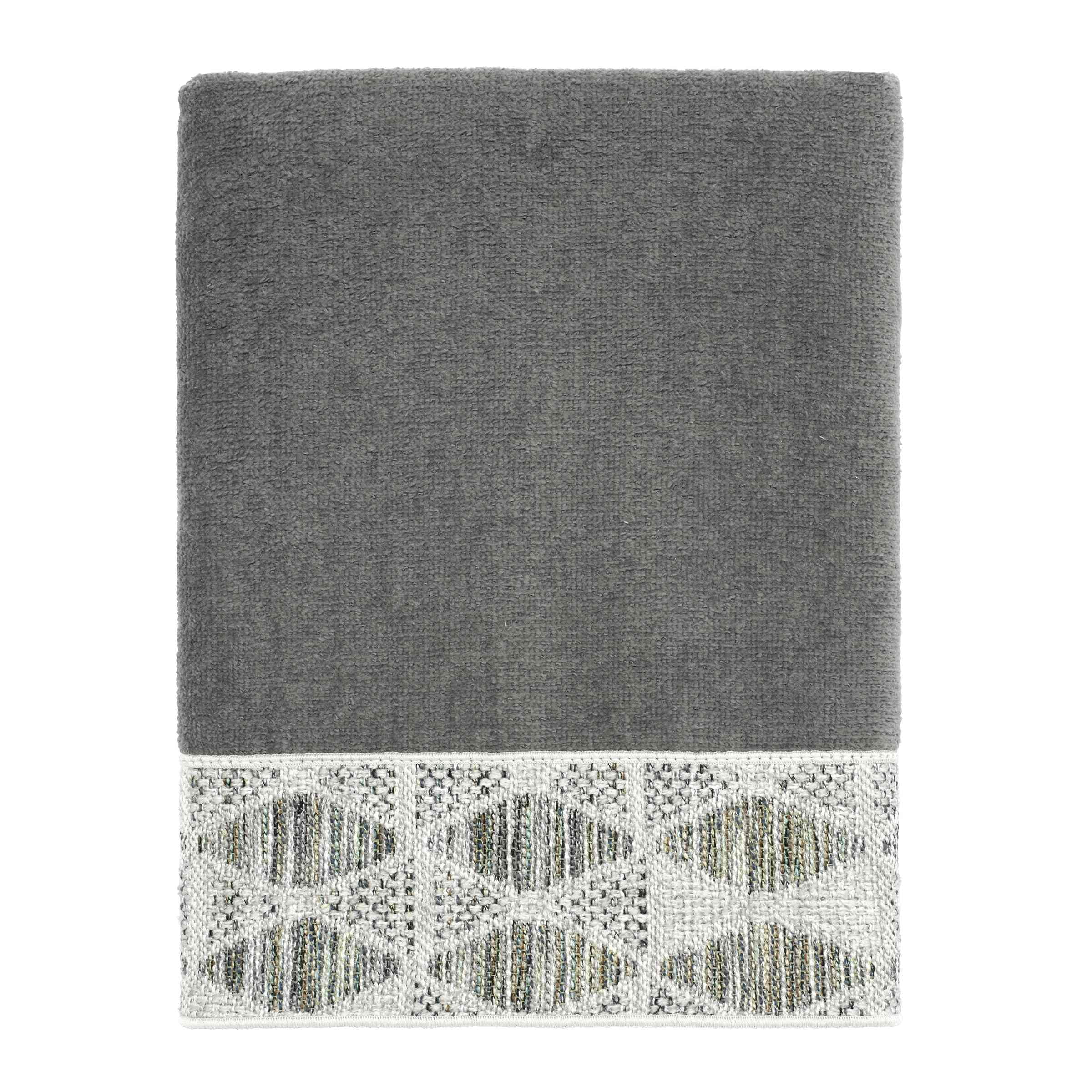 Gray Cotton Hand Towel with Woven Chenille Border