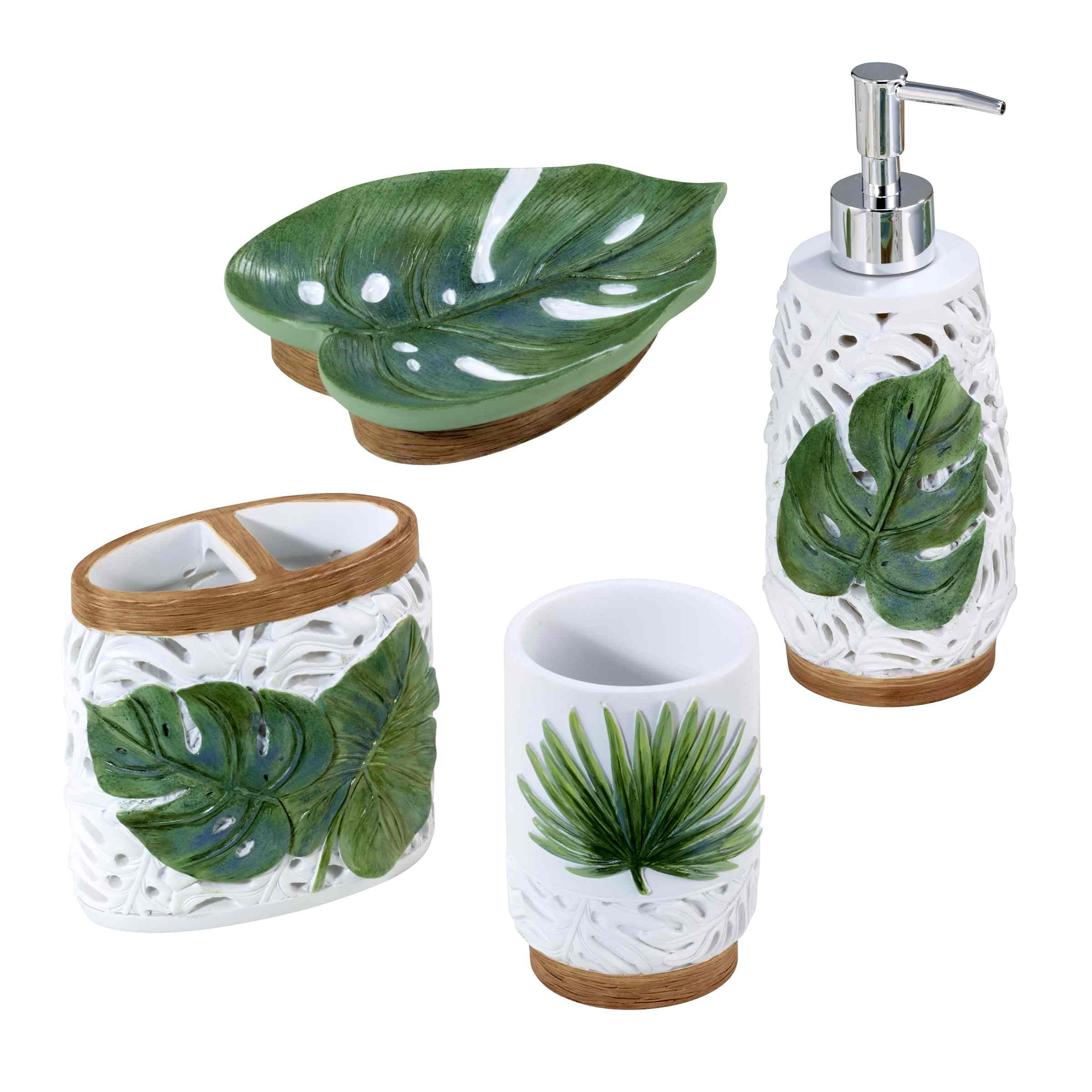 Viva Palm Tropical Green and White Resin Bath Accessory Set