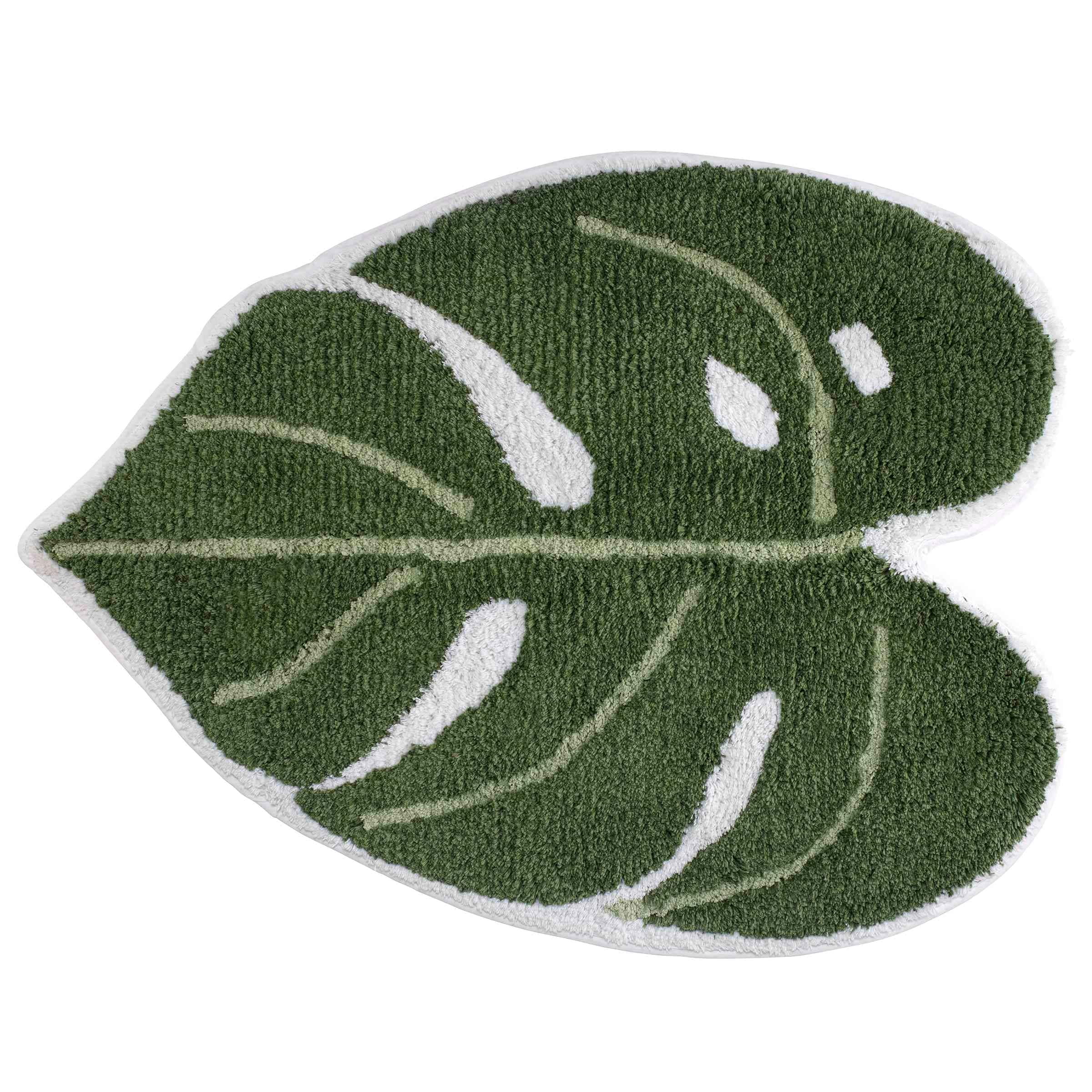 Green Leaf-Shaped Cotton Bath Rug with White Accents