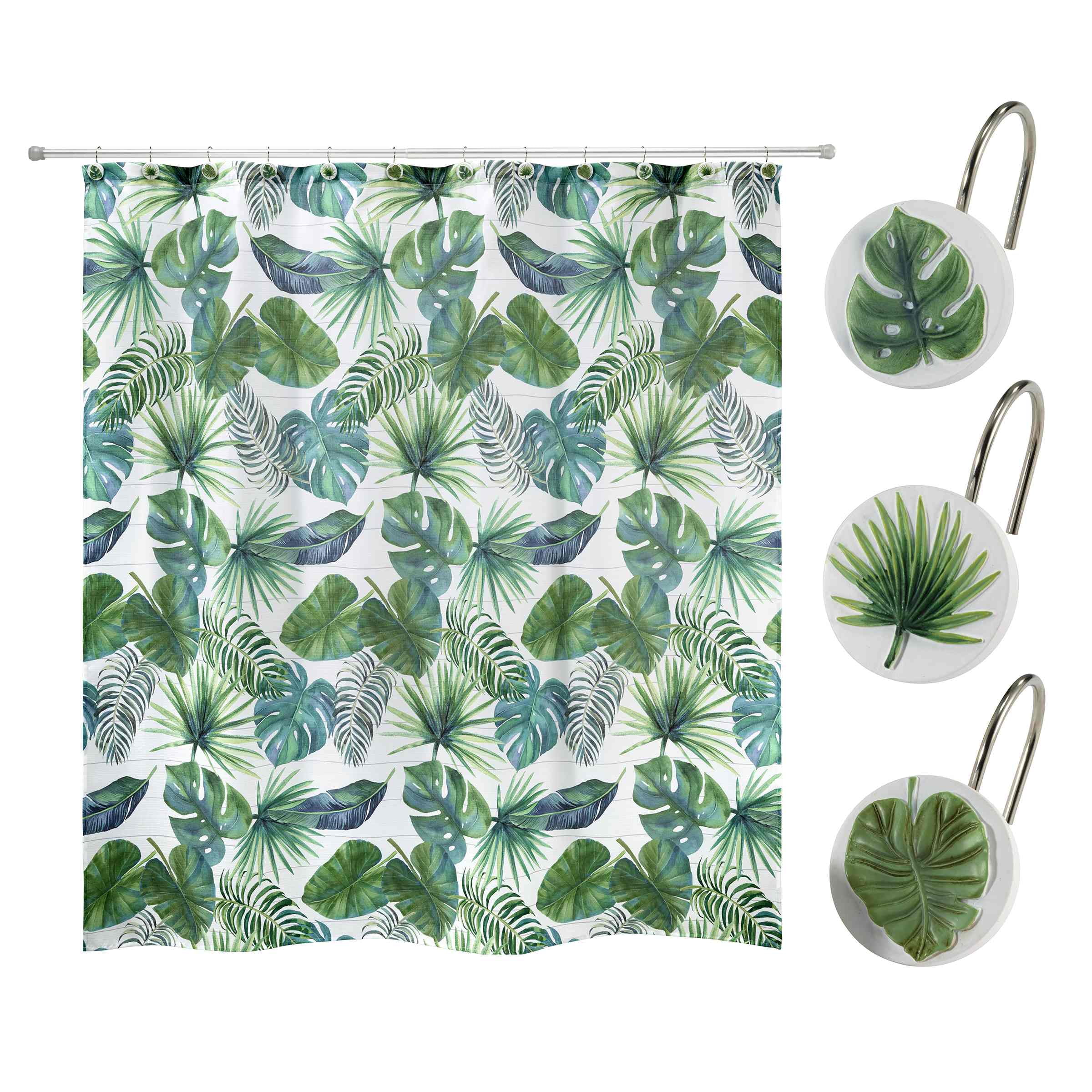 Green Tropical Palm Fabric Shower Curtain with Hooks Set