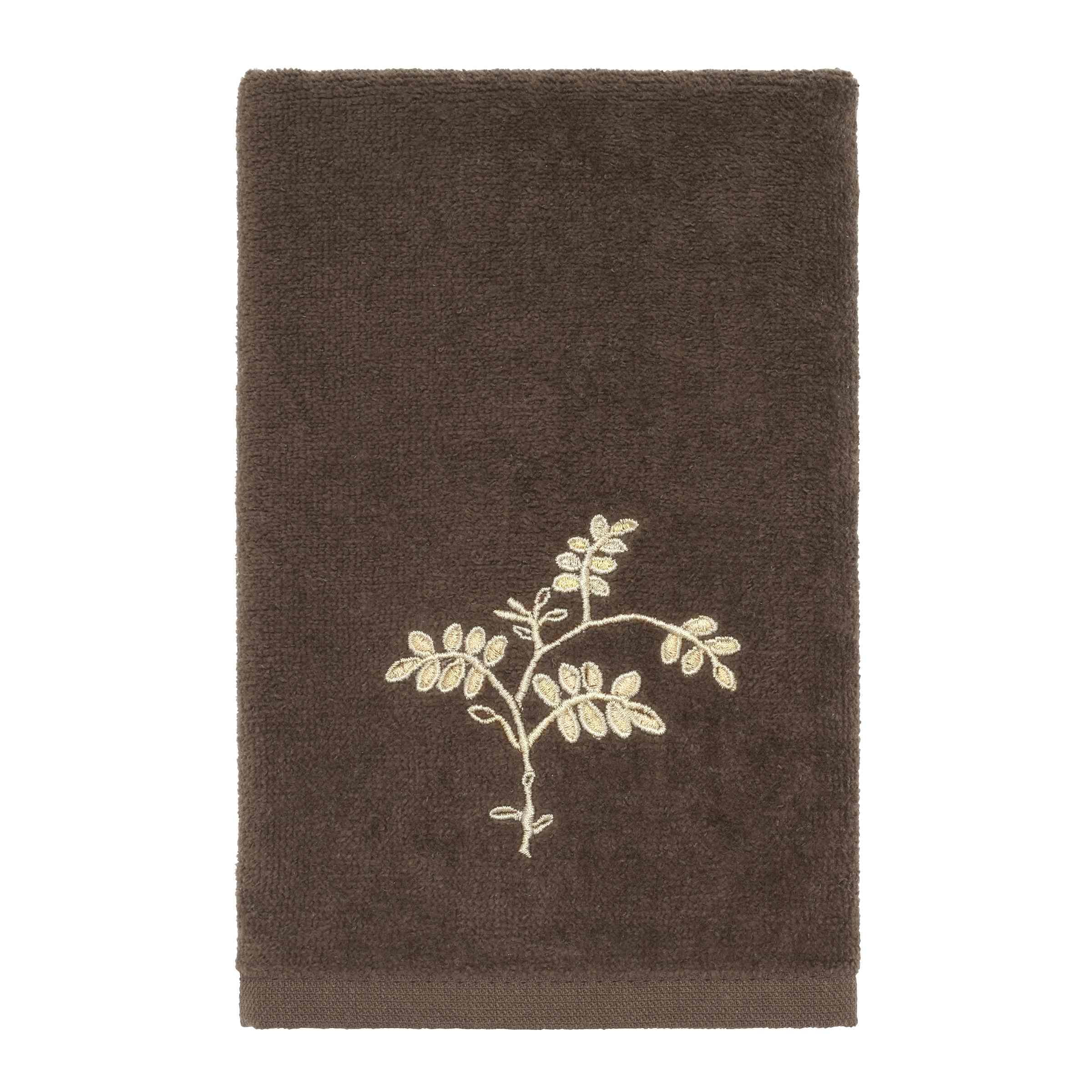 Mocha Cotton Fingertip Towel with Embroidered Branch Design