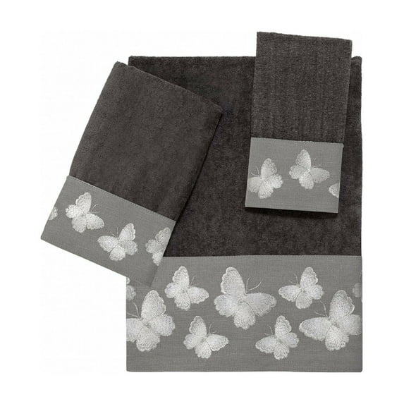 Avanti Linens Yara Butterflies 3 Piece Bath Towel, Hand Towel and Fingertip Towel Set Granite