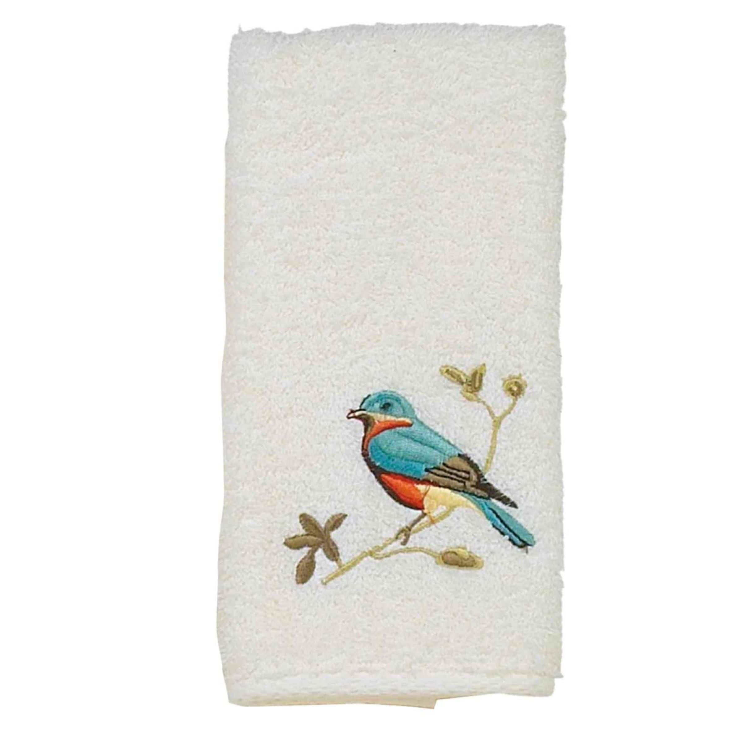 Ivory Cotton Fingertip Towel with Embroidered Songbird Design