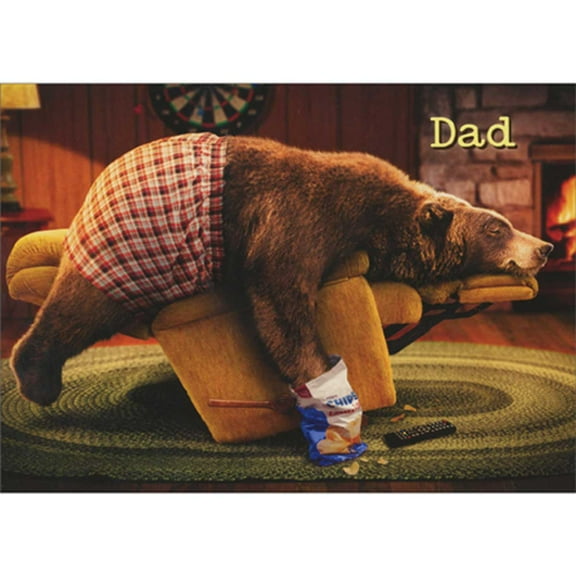 Avanti Press Bear Laying Across Reclined Chair with Paw in Bag of Chips Funny Birthday Card for Dad