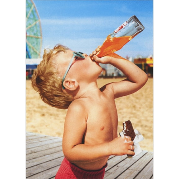 Avanti Press Boy Guzzling Orange Soda Bottle on Boardwalk Funny Birthday Card