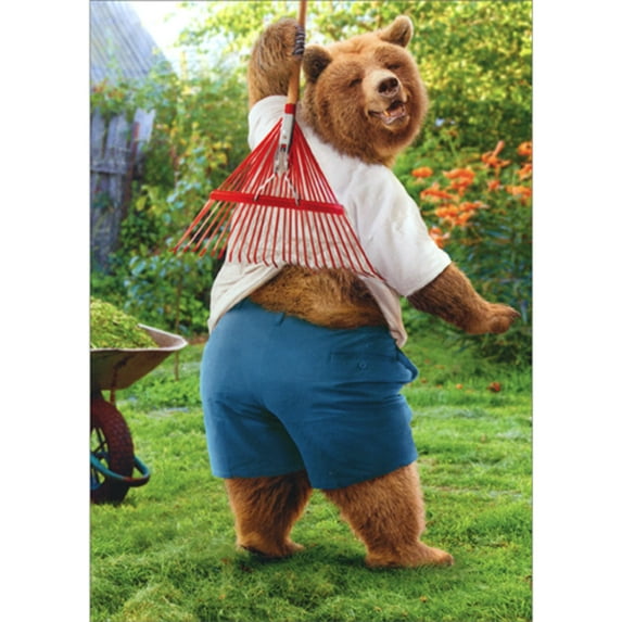 Avanti Press Brown Bear in Blue Shorts Scratching Back with Rake Funny/Humorous Father's Day Card