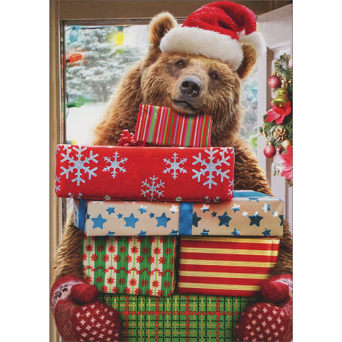 Avanti Press Brown Bear in Mittens Delivering Gifts at Front Door Pack of 10 Funny Christmas Cards